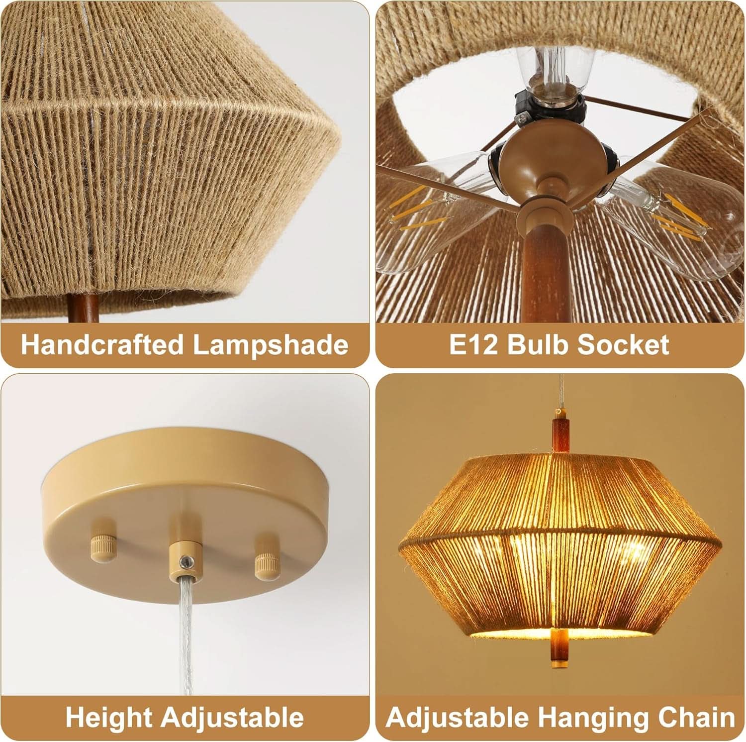 Handwoven Cotton Rope Shade Chandelier With Oak Frame