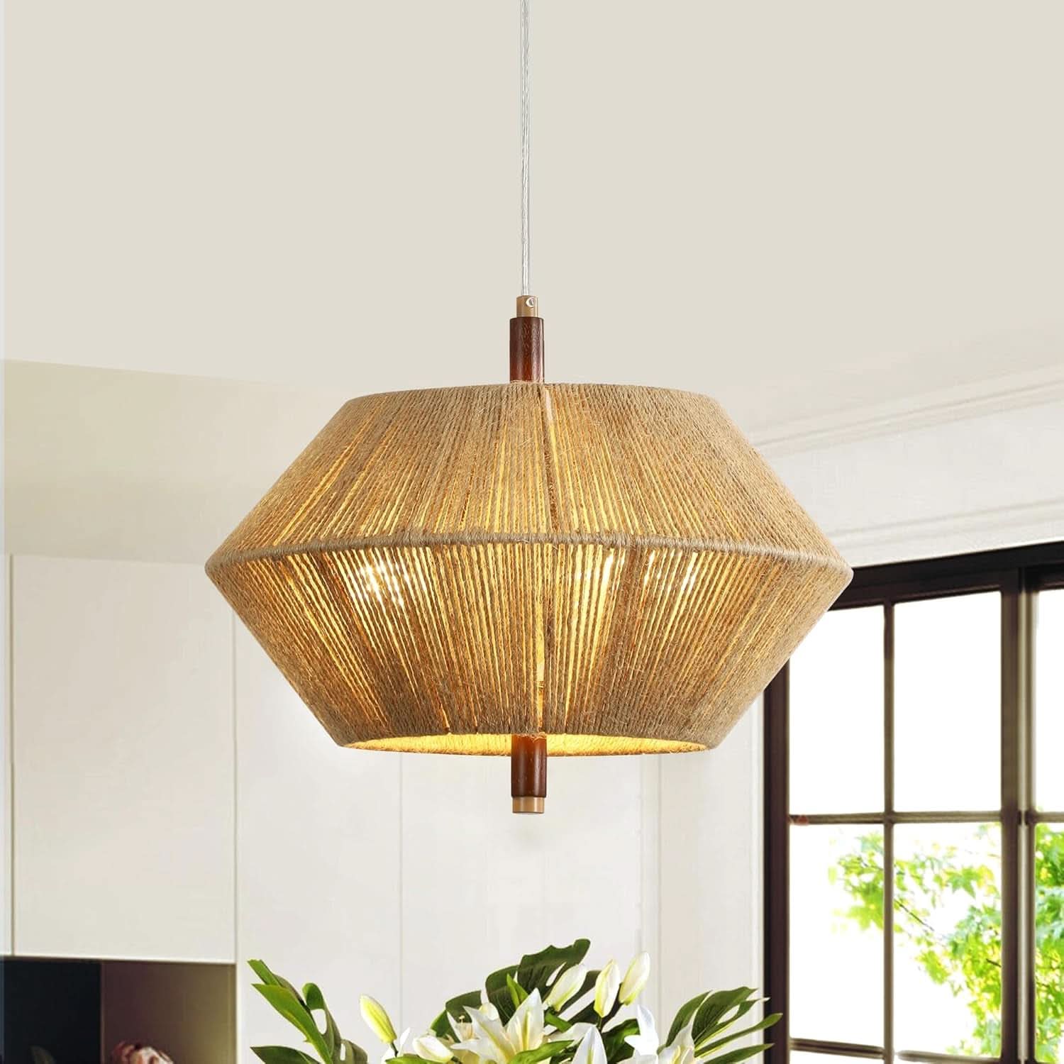 Handwoven Cotton Rope Shade Chandelier With Oak Frame
