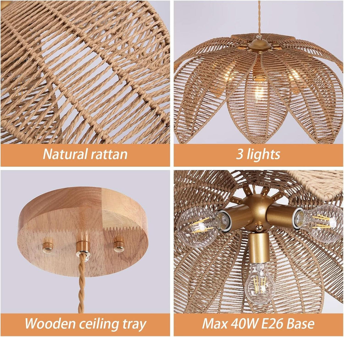 Handwoven Rattan Chandelier 24 Inch Pendant Light Fixture