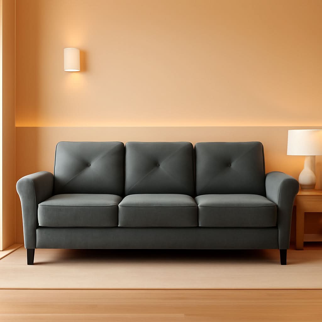 Harrington Grey Sofa Button Tufted Rolled Arm With Plush Cushions