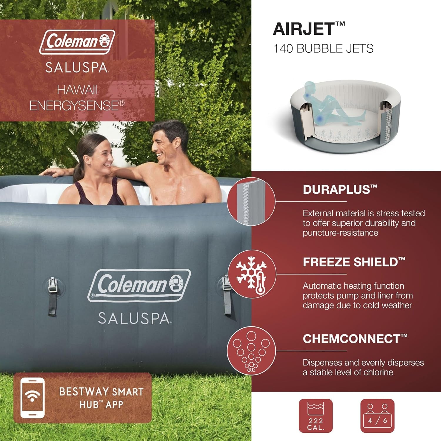 Hawaii Airjet Large Square Inflatable Hot Tub For 4 To 6 People Grey