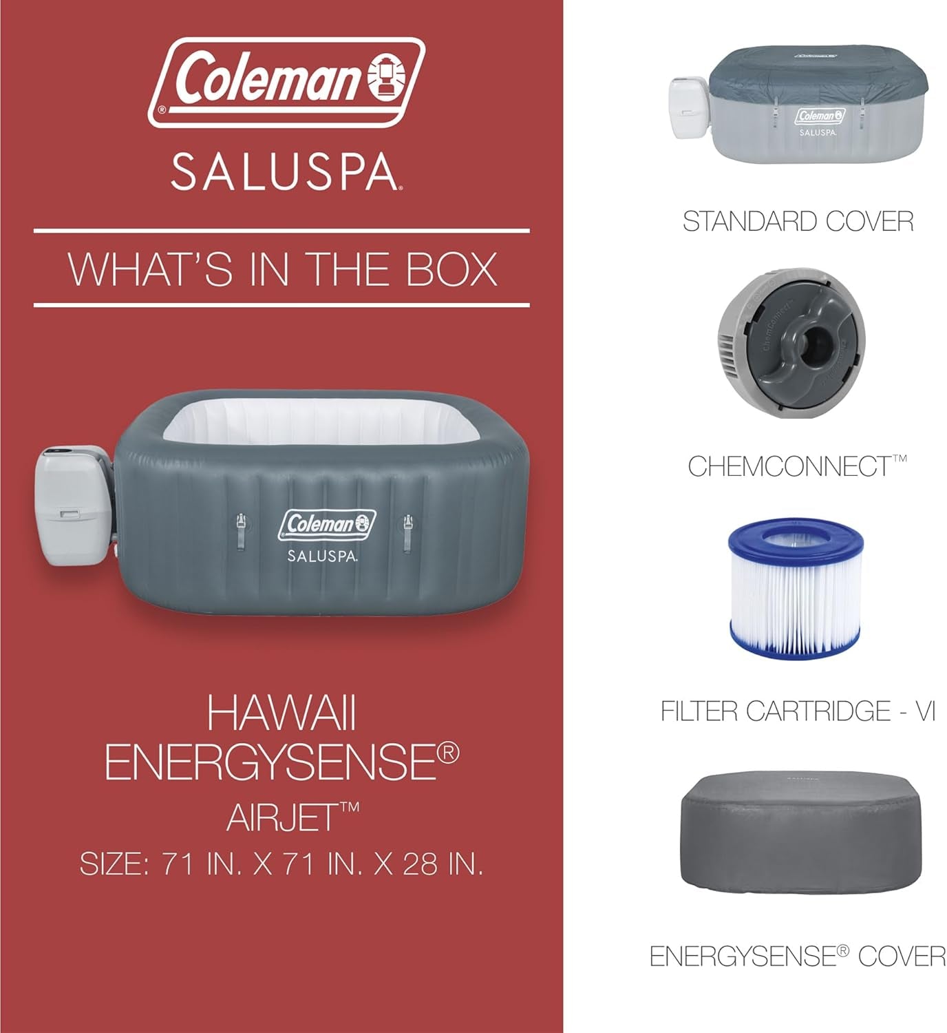 Hawaii Airjet Large Square Inflatable Hot Tub For 4 To 6 People Grey