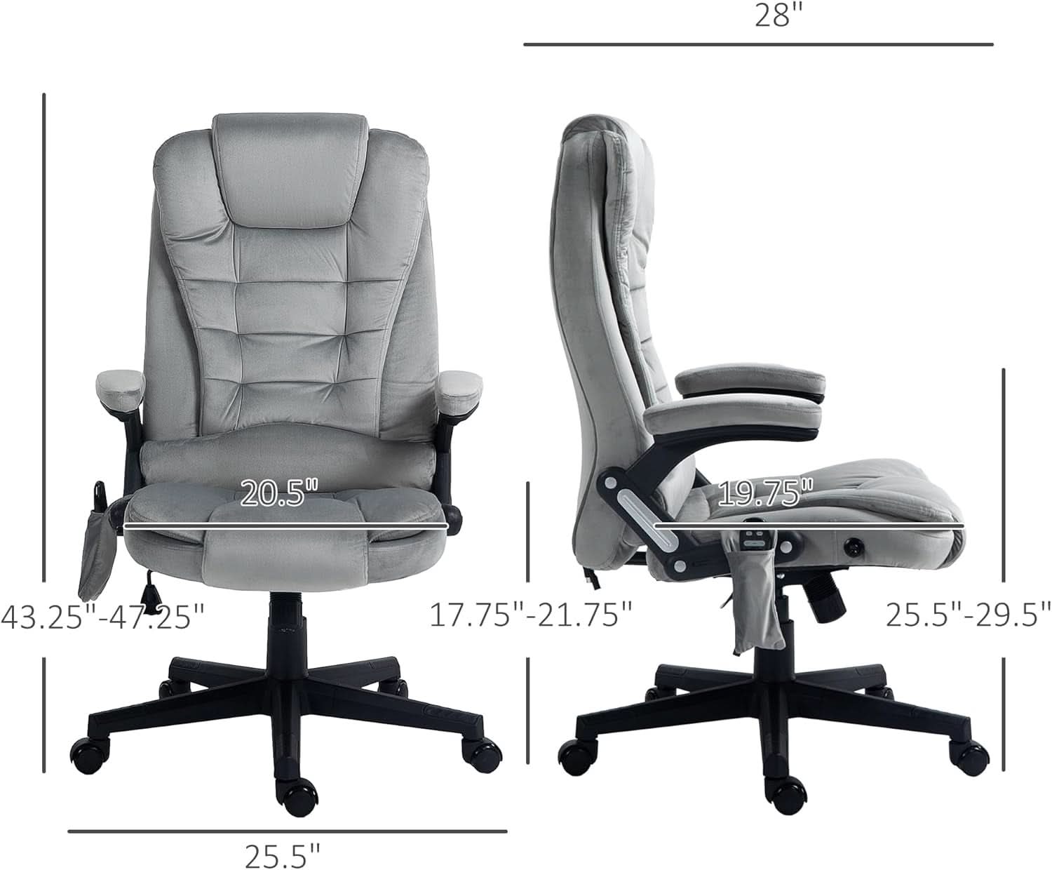 Heated Massage Office Chair Gray Velvet Reclining Six Point