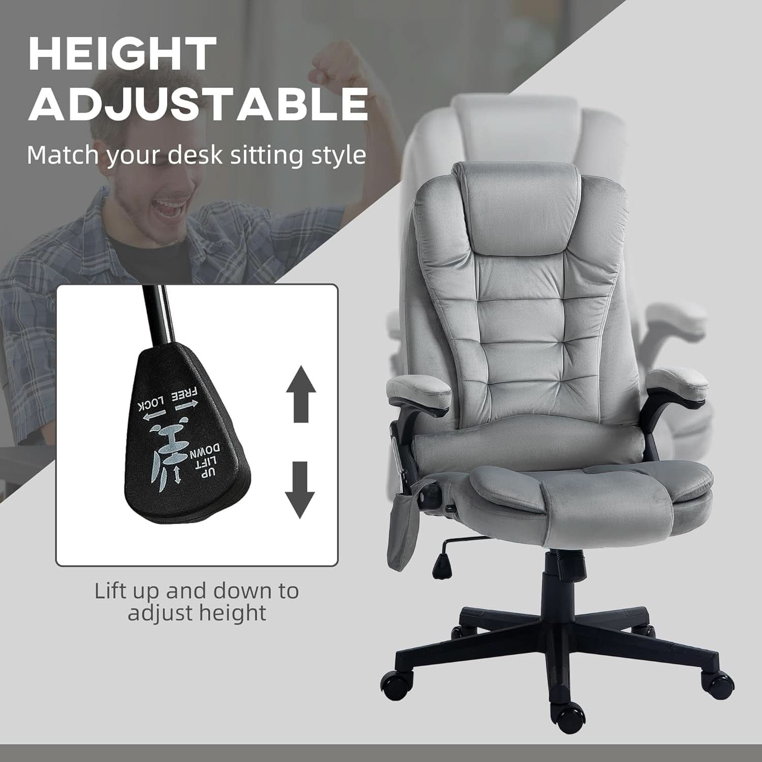 Heated Massage Office Chair Gray Velvet Reclining Six Point