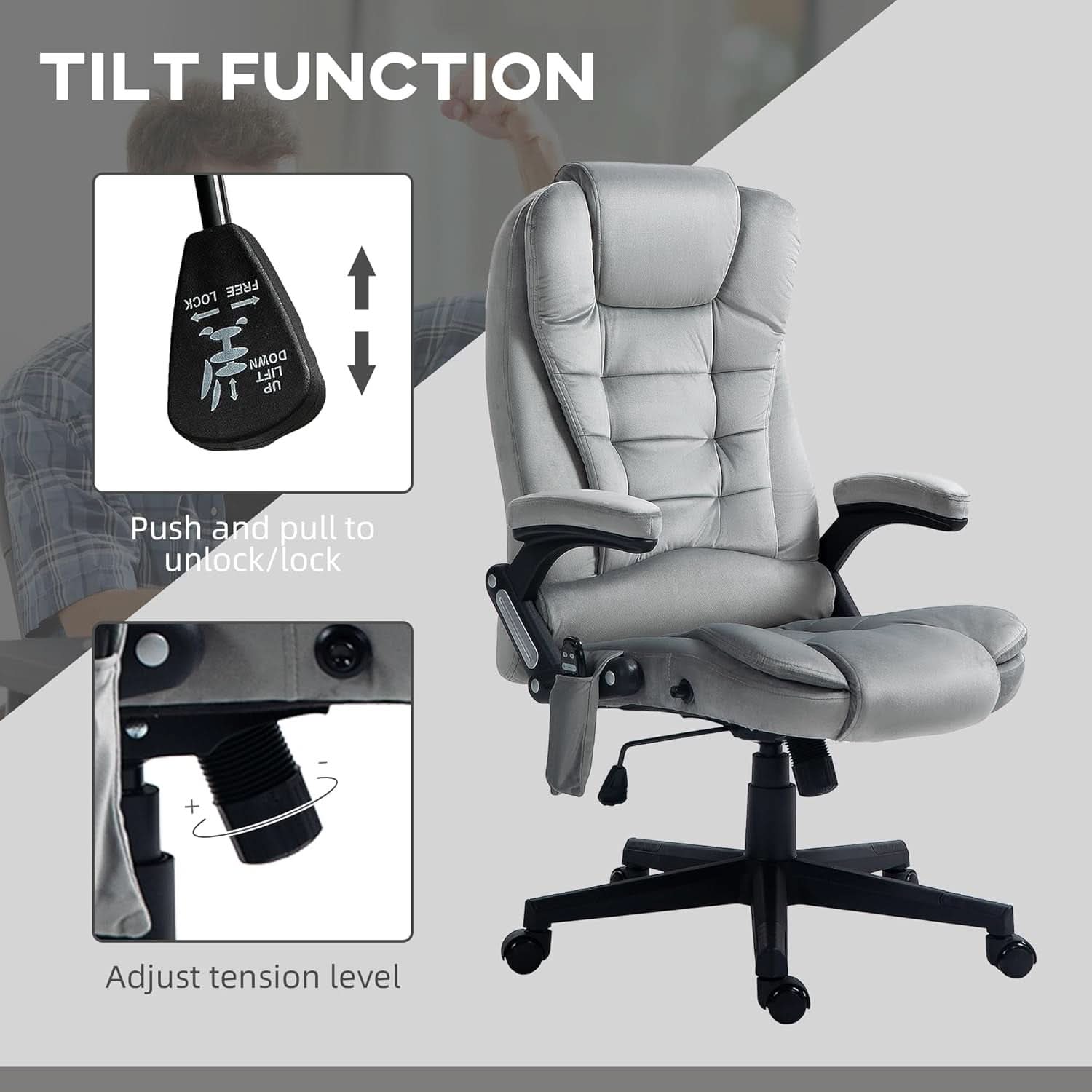 Heated Massage Office Chair Gray Velvet Reclining Six Point