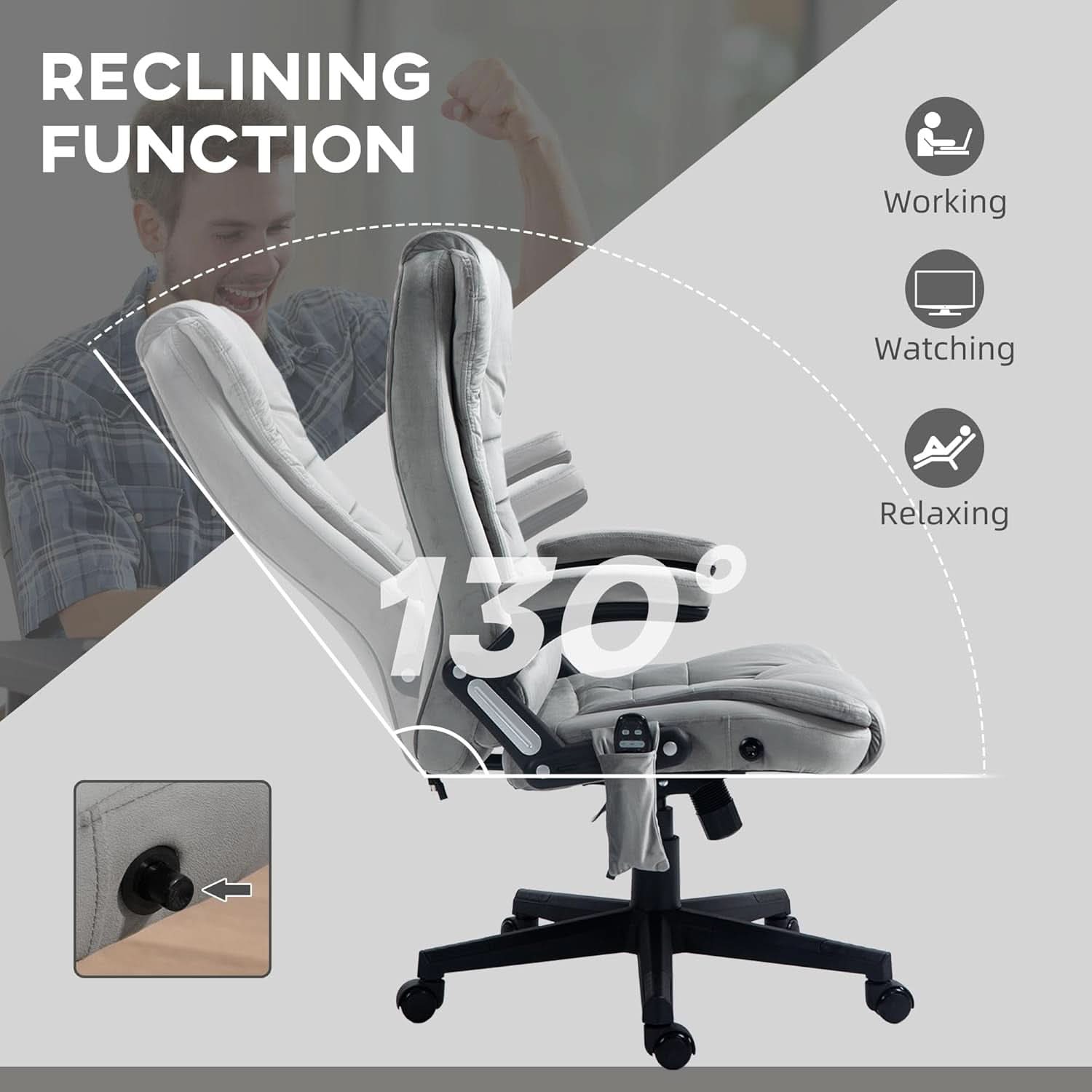 Heated Massage Office Chair Gray Velvet Reclining Six Point