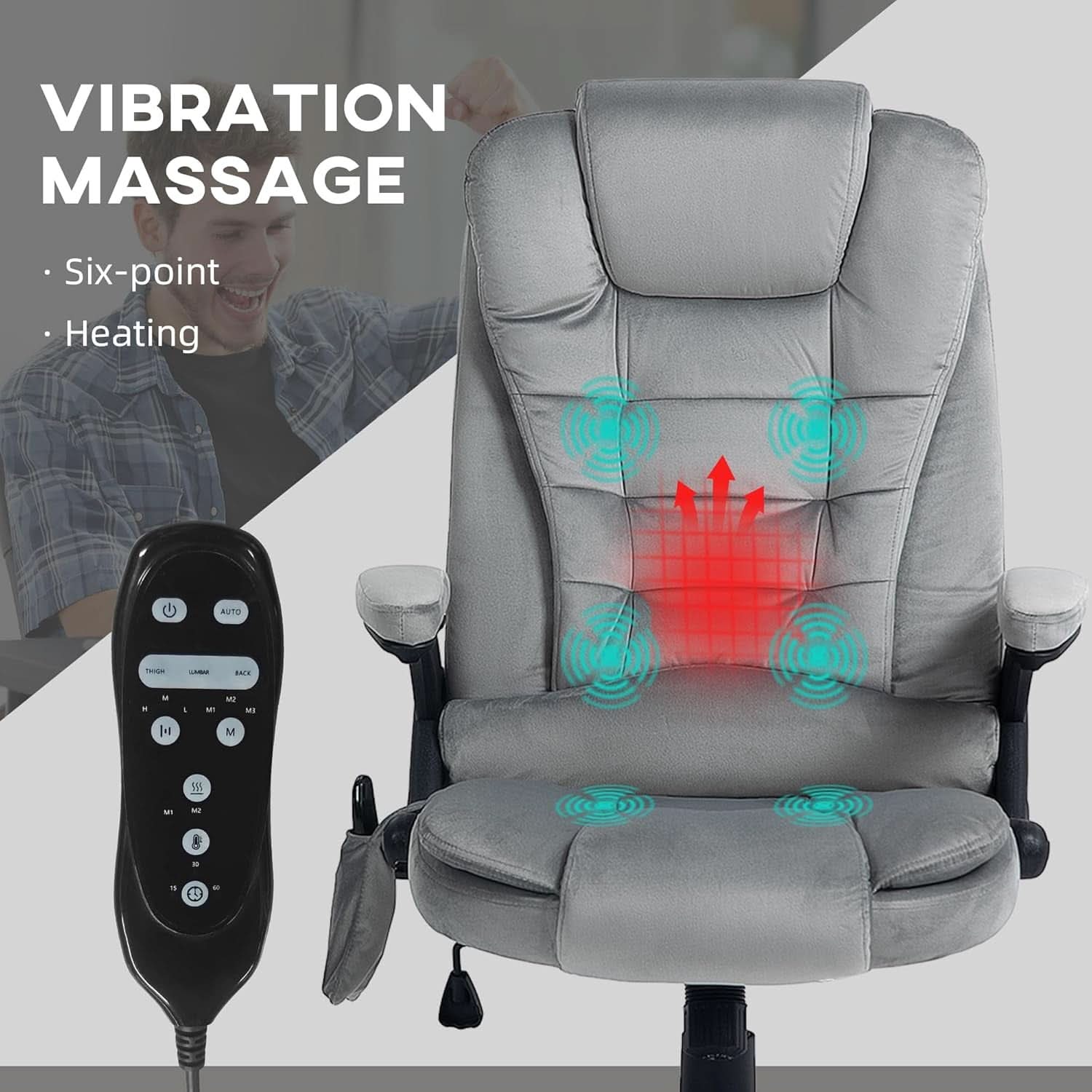 Heated Massage Office Chair Gray Velvet Reclining Six Point