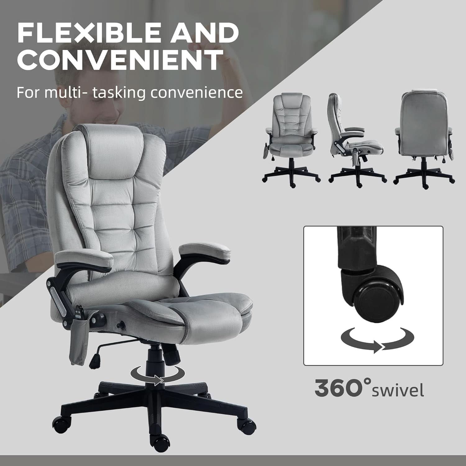 Heated Massage Office Chair Gray Velvet Reclining Six Point