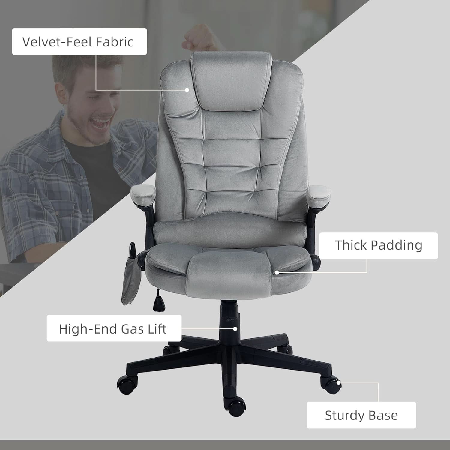 Heated Massage Office Chair Gray Velvet Reclining Six Point