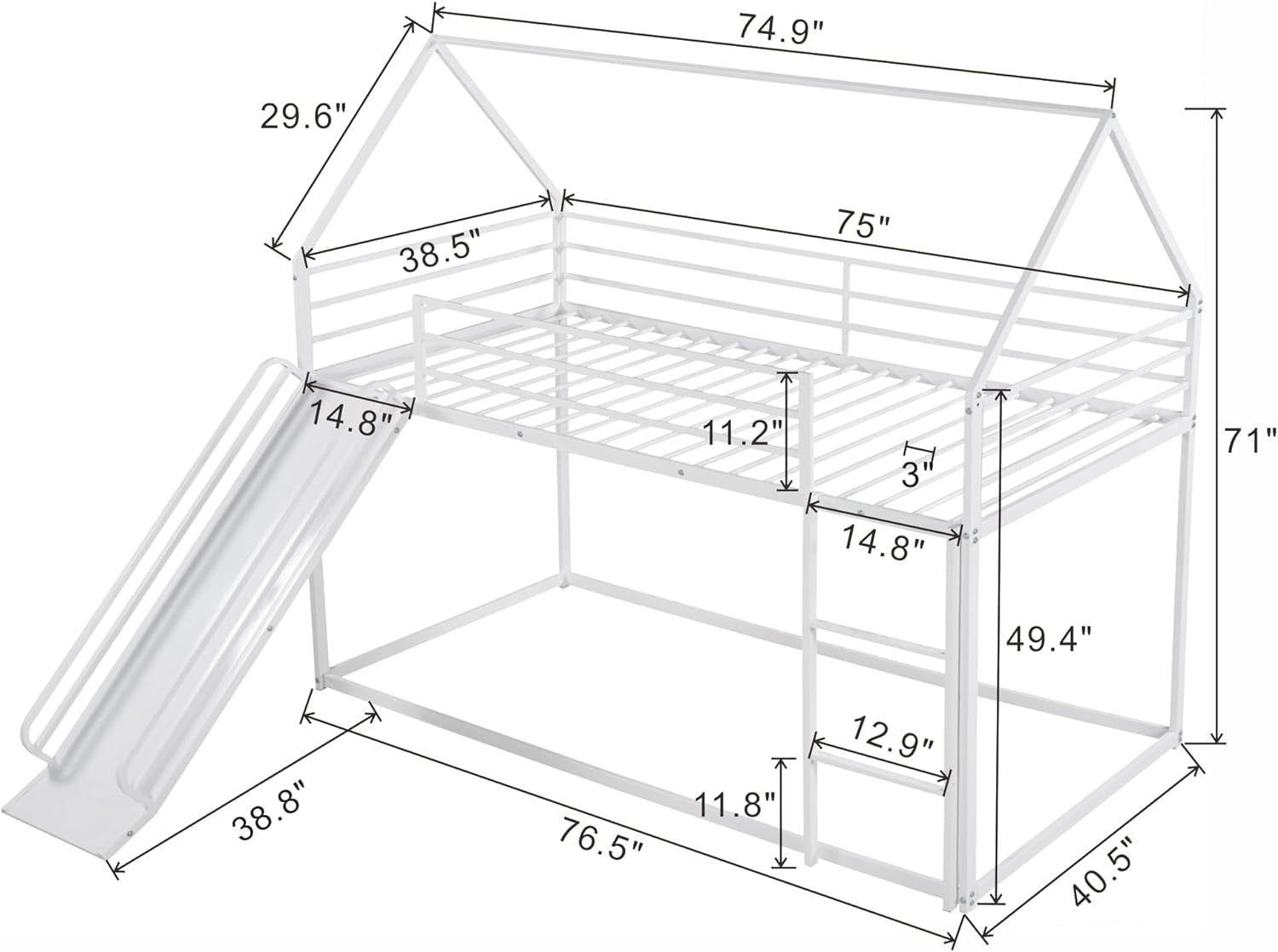 Heavy Metal Junior House Low Bunk Bed Twin Over Twin Slide White