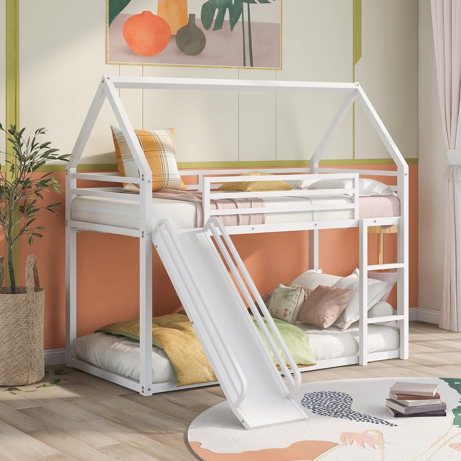 Heavy Metal Junior House Low Bunk Bed Twin Over Twin Slide White