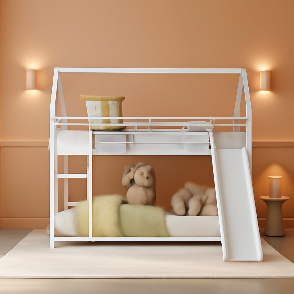Heavy Metal Junior House Low Bunk Bed Twin Over Twin Slide White