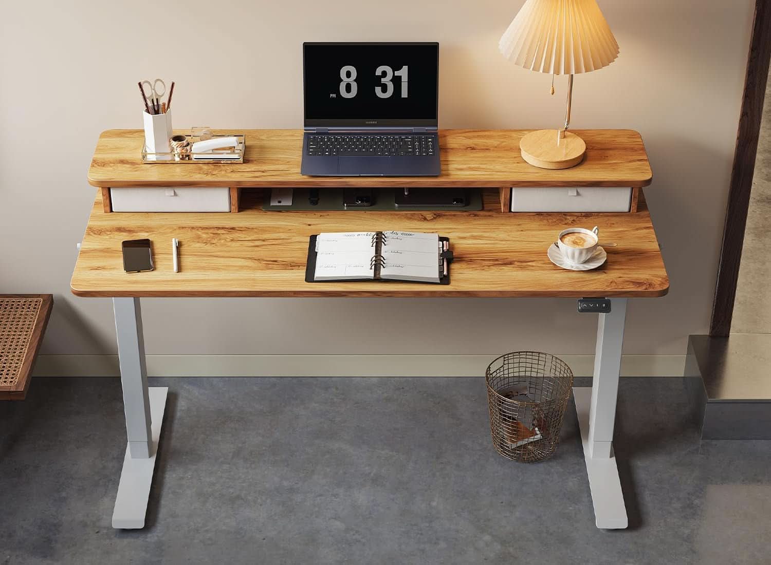 Height Adjustable Electric Standing Desk with Double Drawer