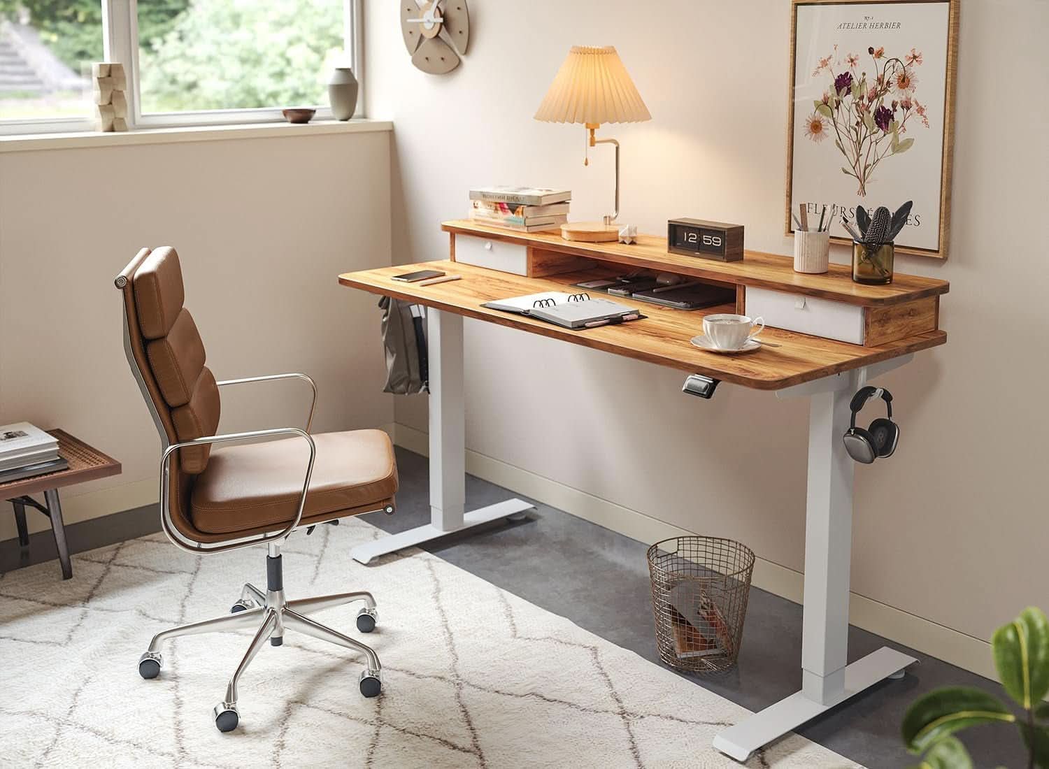 Height Adjustable Electric Standing Desk with Double Drawer