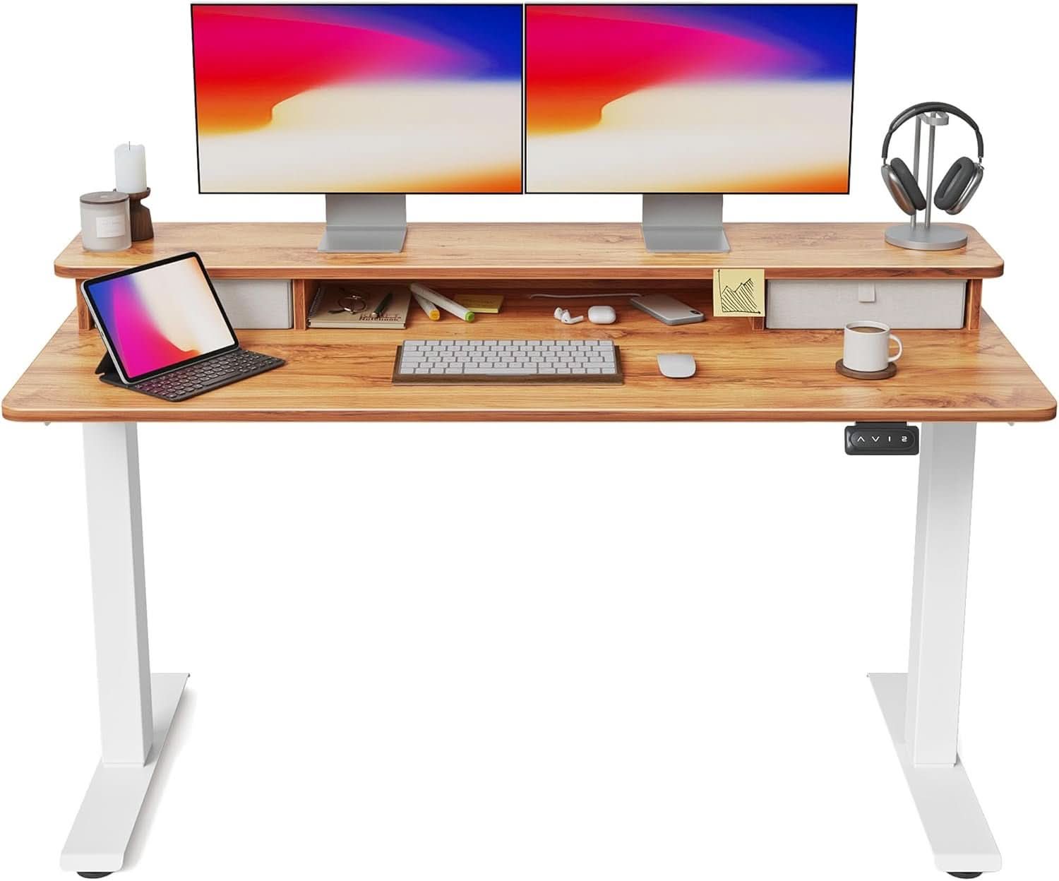Height Adjustable Electric Standing Desk with Double Drawer