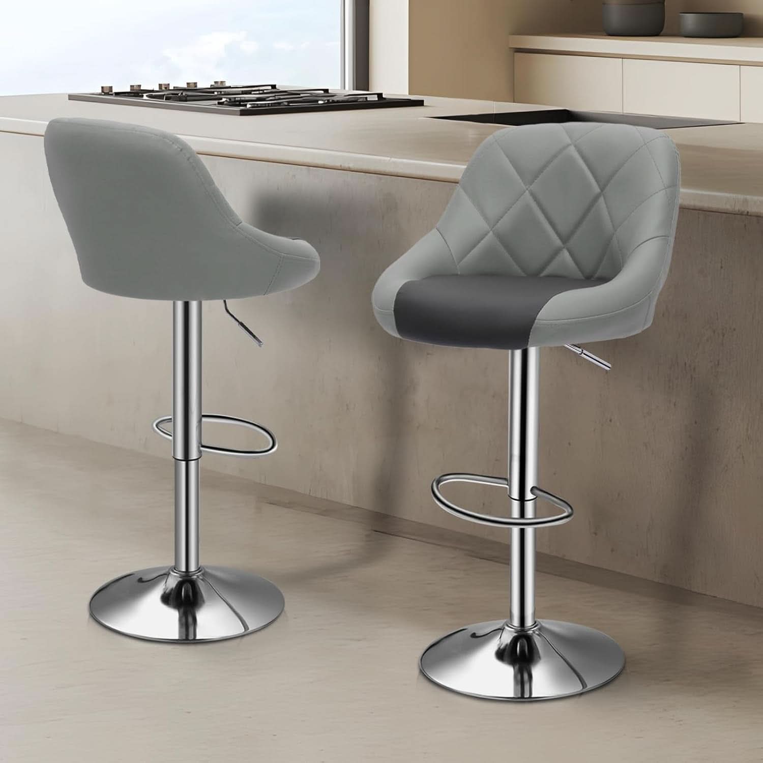 Height Adjustable Grey PU Leather Bar Stools Set Of 2