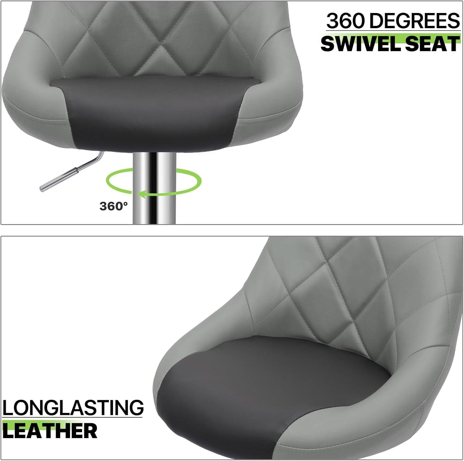 Height Adjustable Grey PU Leather Bar Stools Set Of 2