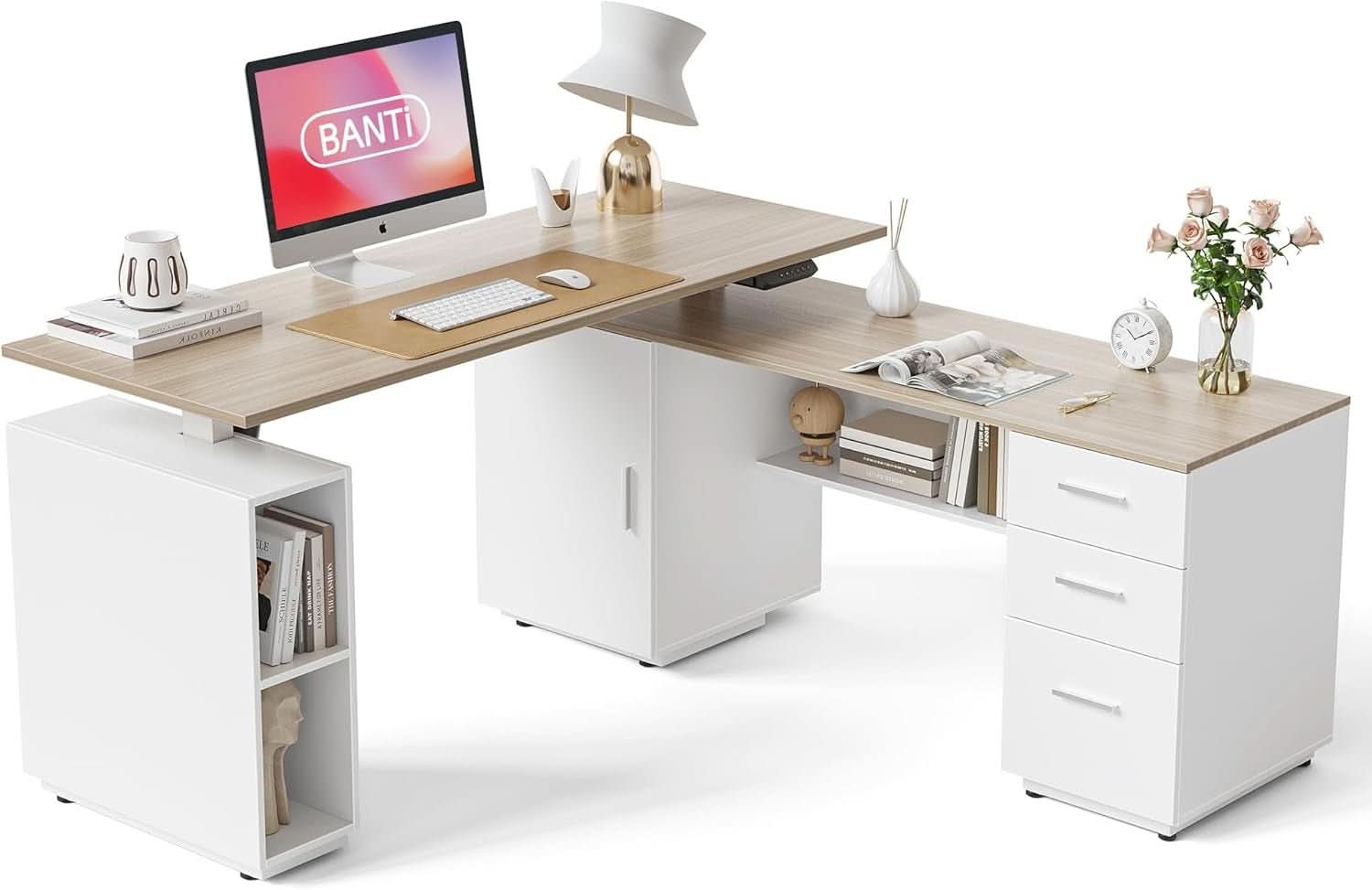 Height Adjustable L Shaped Electric Standing Desk With Storage