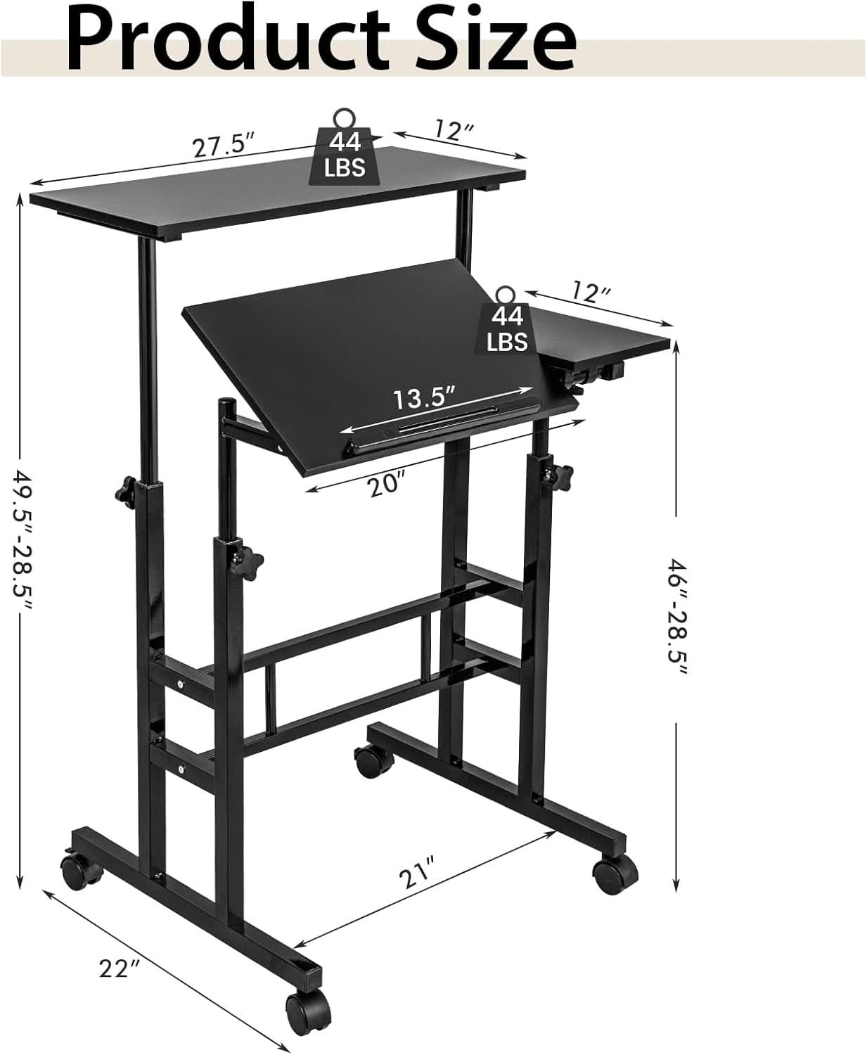 Height Adjustable Mobile Desk with Tilting Top and Wheels