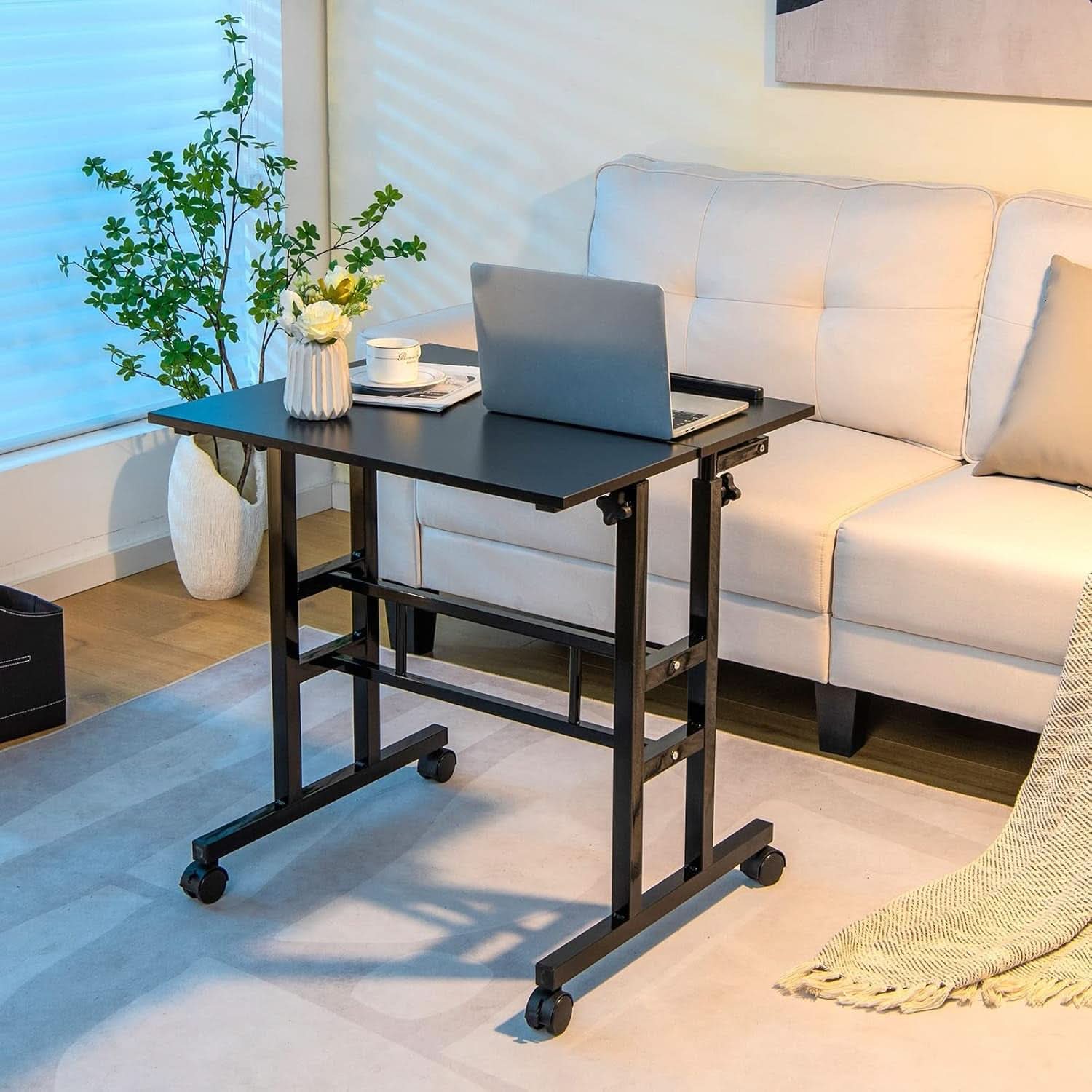 Height Adjustable Mobile Desk with Tilting Top and Wheels