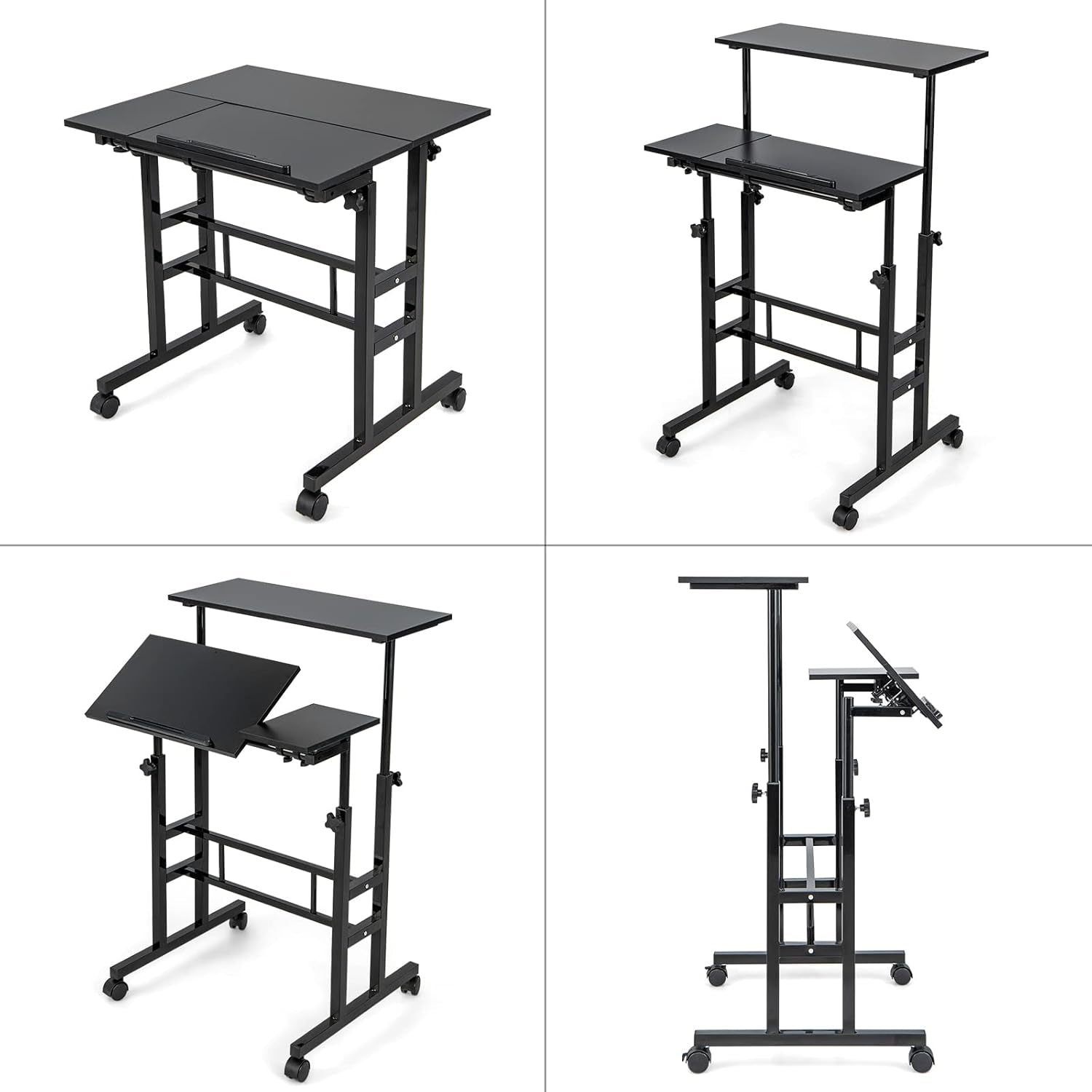 Height Adjustable Mobile Desk with Tilting Top and Wheels