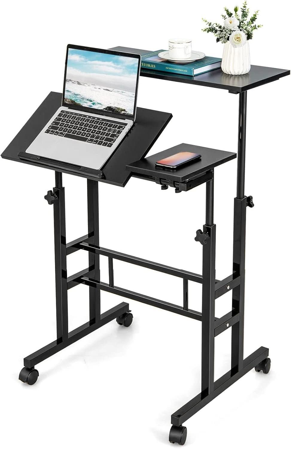 Height Adjustable Mobile Desk with Tilting Top and Wheels