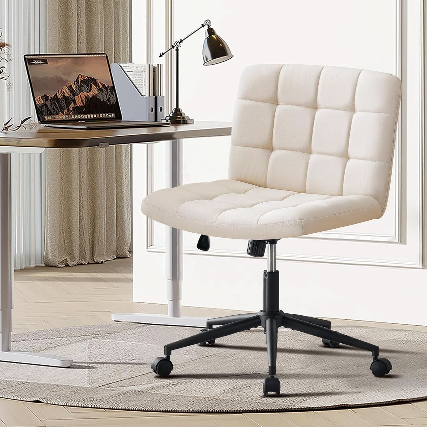 Height Adjustable Swivel Office Chair With Wheels Beige