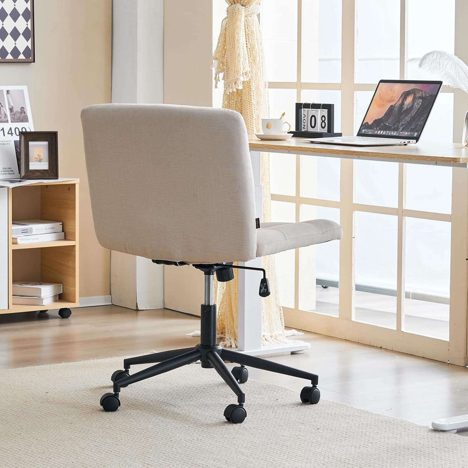 Height Adjustable Swivel Office Chair With Wheels Beige