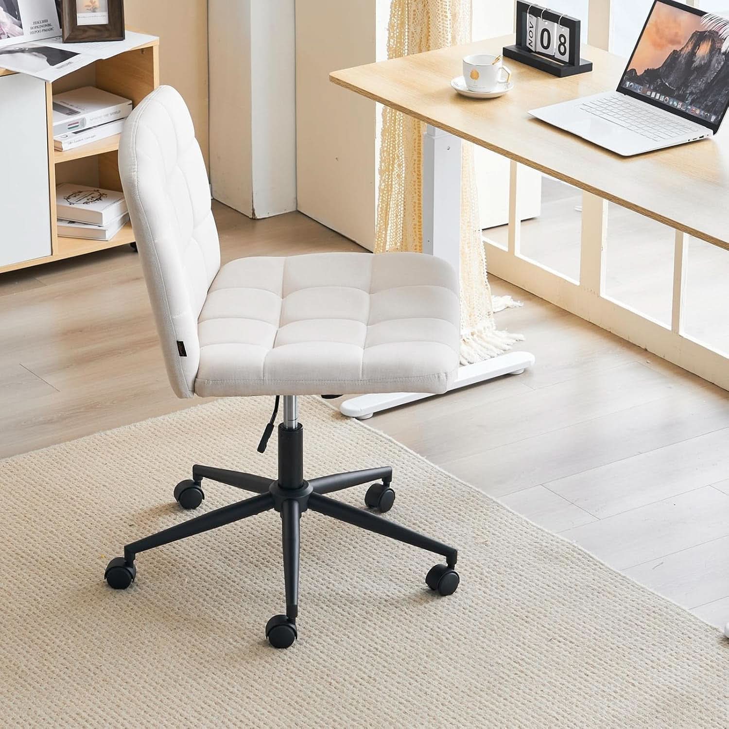 Height Adjustable Swivel Office Chair With Wheels Beige
