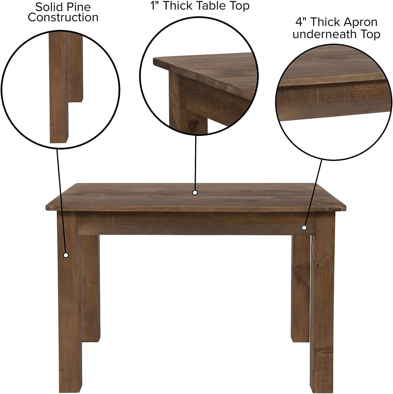 Hercules 46x30 Antique Rustic Solid Pine Farm Dining Table