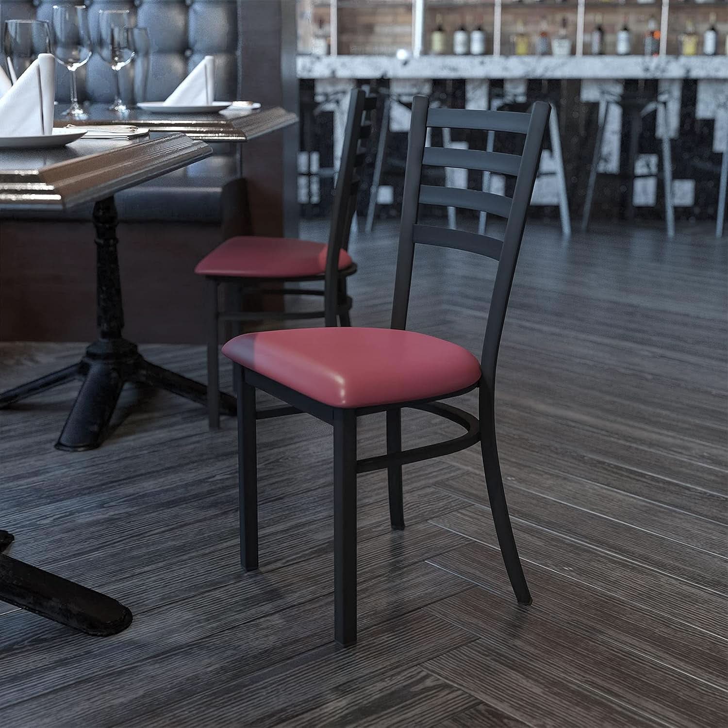 Hercules Black Ladder Back Metal Restaurant Chair Burgundy Vinyl Seat