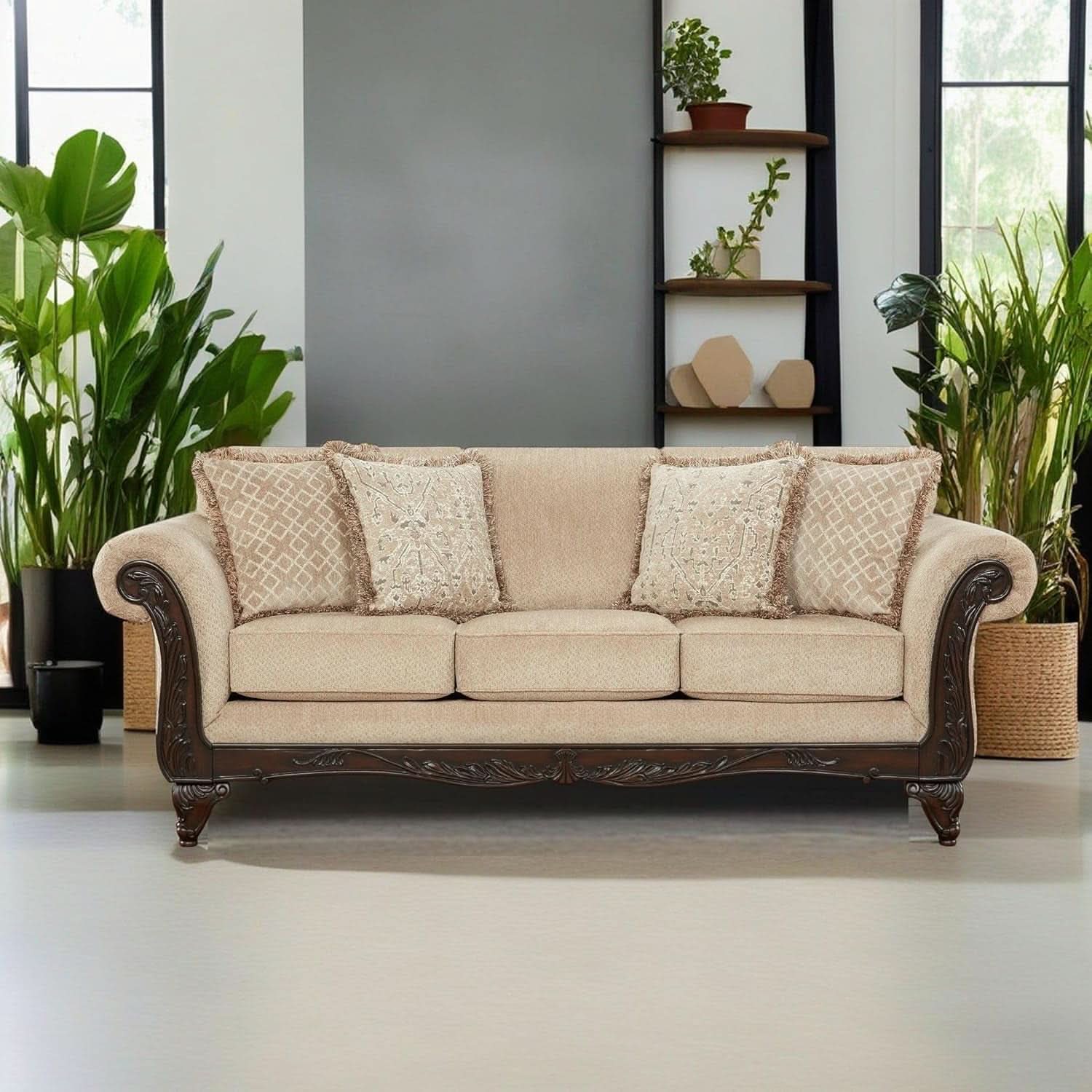 Hernen Carved Wood Frame 5Piece Living Room Set Beige Wheat