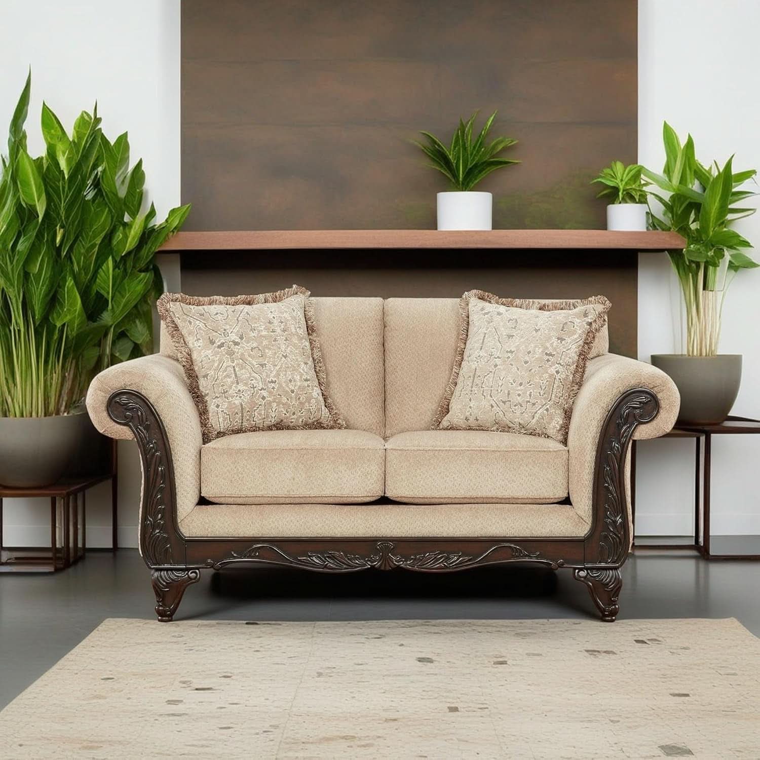 Hernen Carved Wood Frame 5Piece Living Room Set Beige Wheat