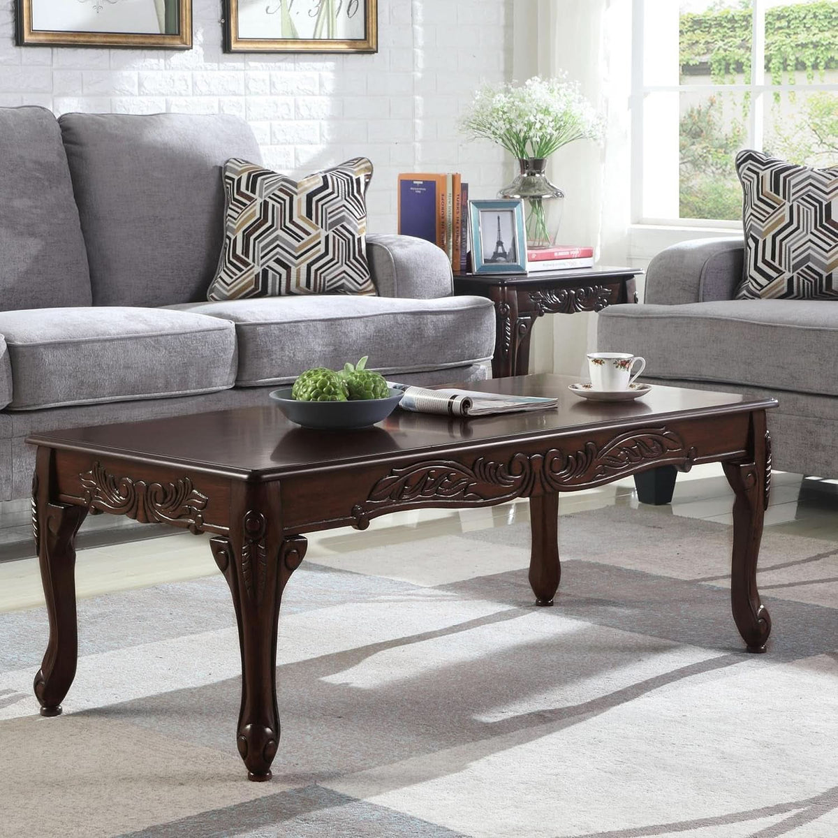 Hernen Carved Wood Frame 5Piece Living Room Set Beige Wheat