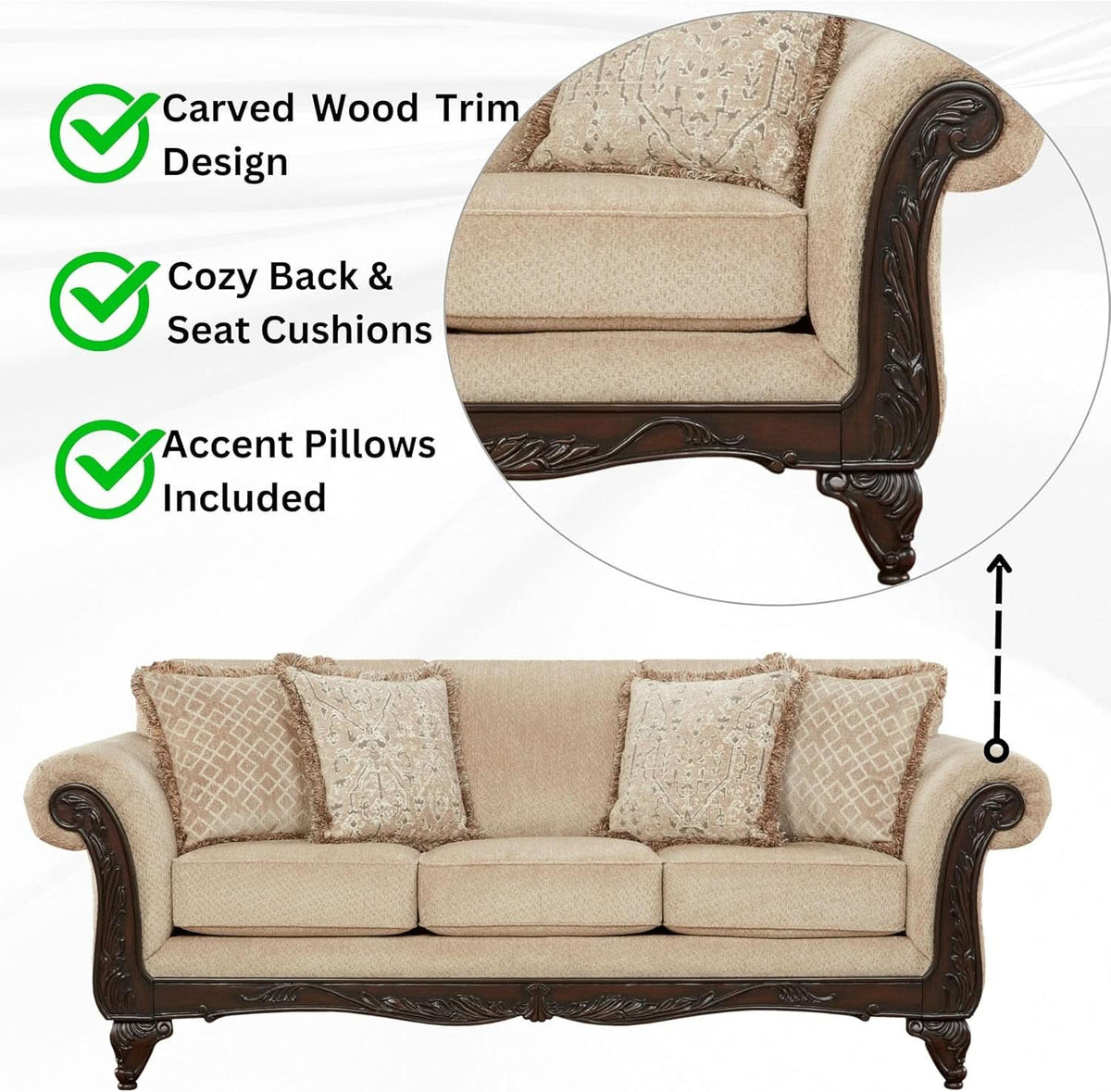 Hernen Carved Wood Frame 5Piece Living Room Set Beige Wheat