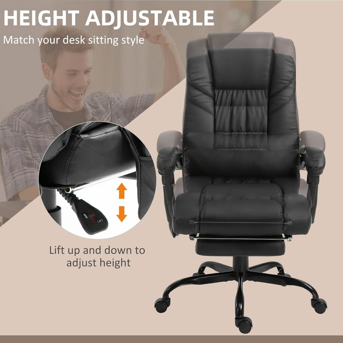 High Back Massage Office Chair With 6 Vibration Points And Footrest Black