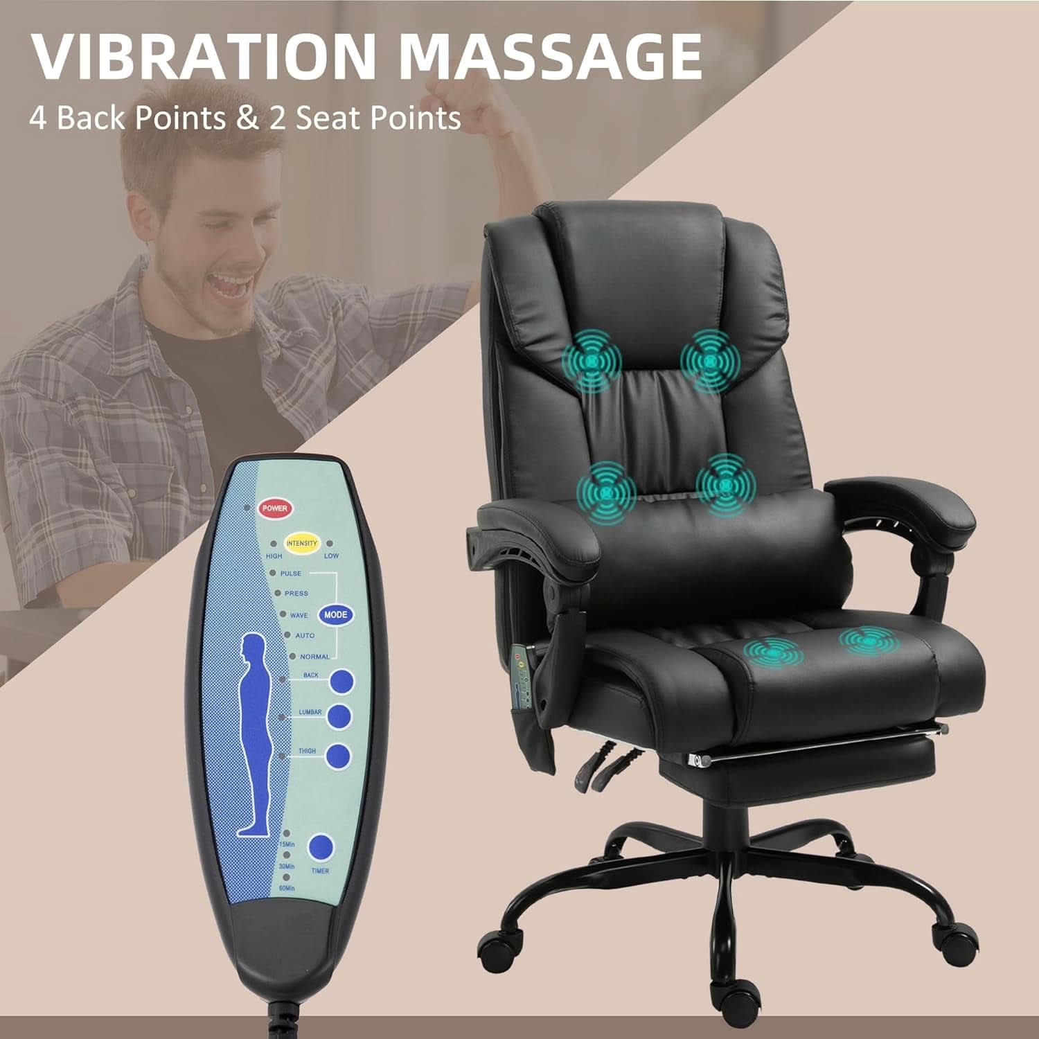 High Back Massage Office Chair With 6 Vibration Points And Footrest Black