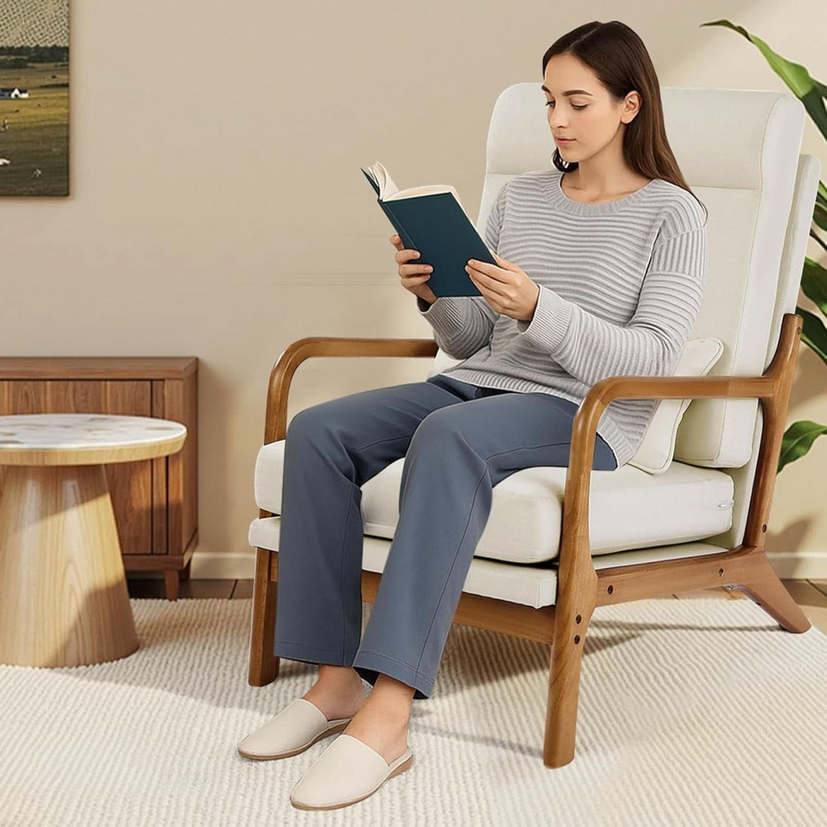 High Back Mid Century Linen Accent Chair For Living Room