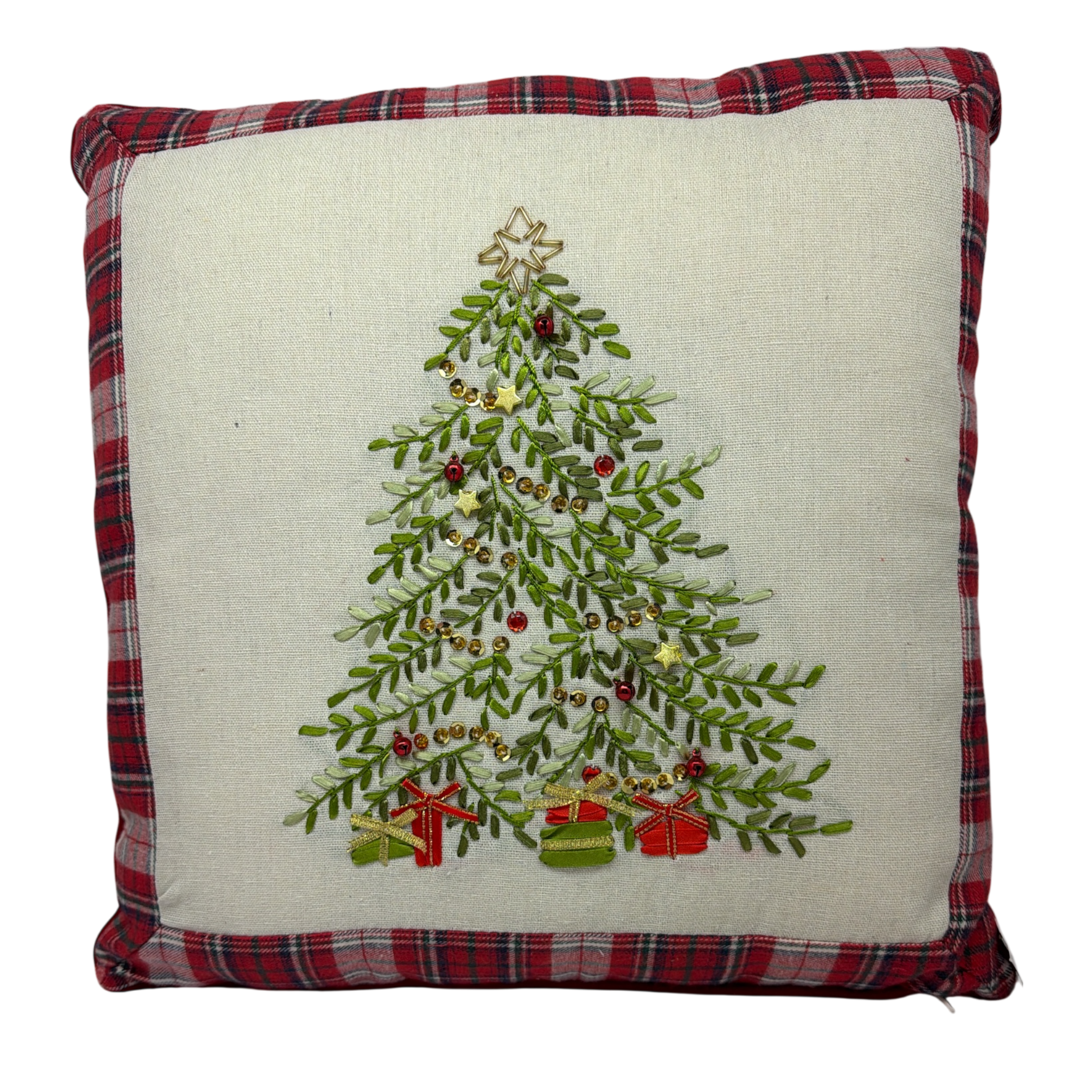Holiday Tree Pillow With Plaid Trim