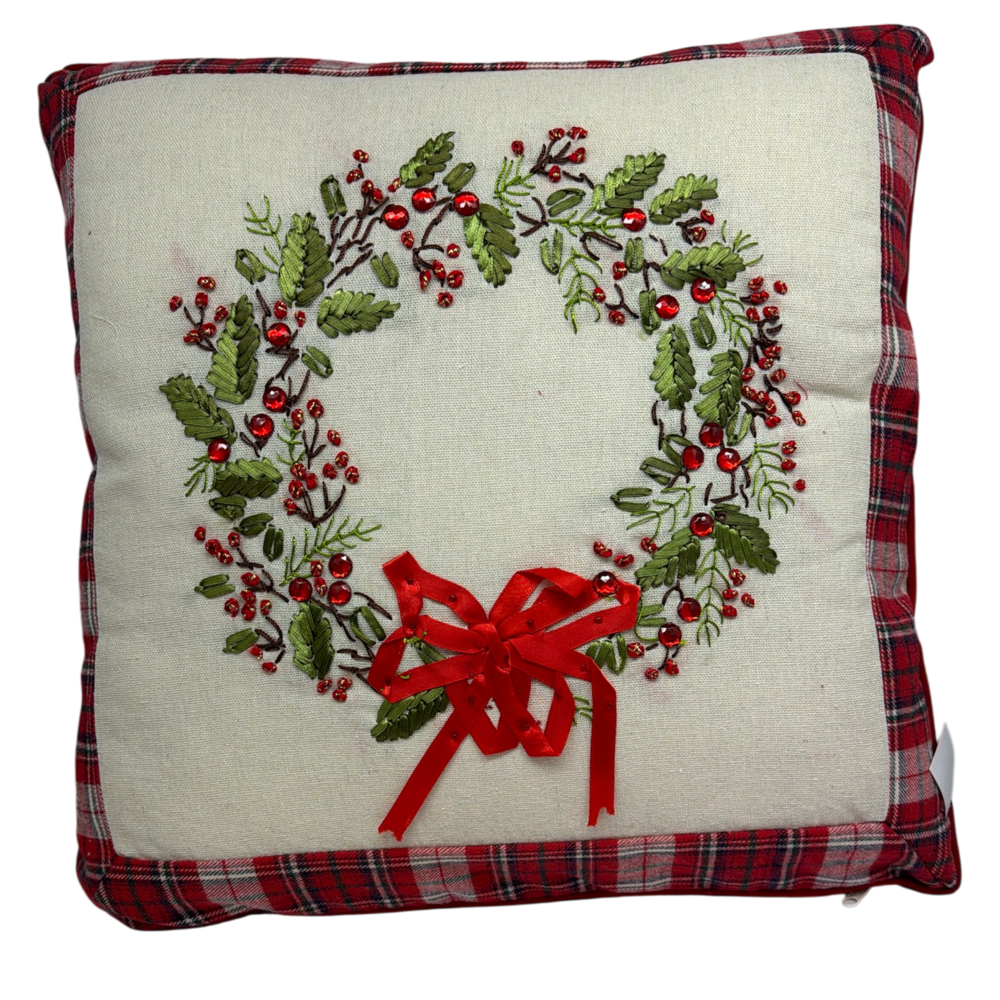 Holiday Wreath Pillow With Plaid Trim