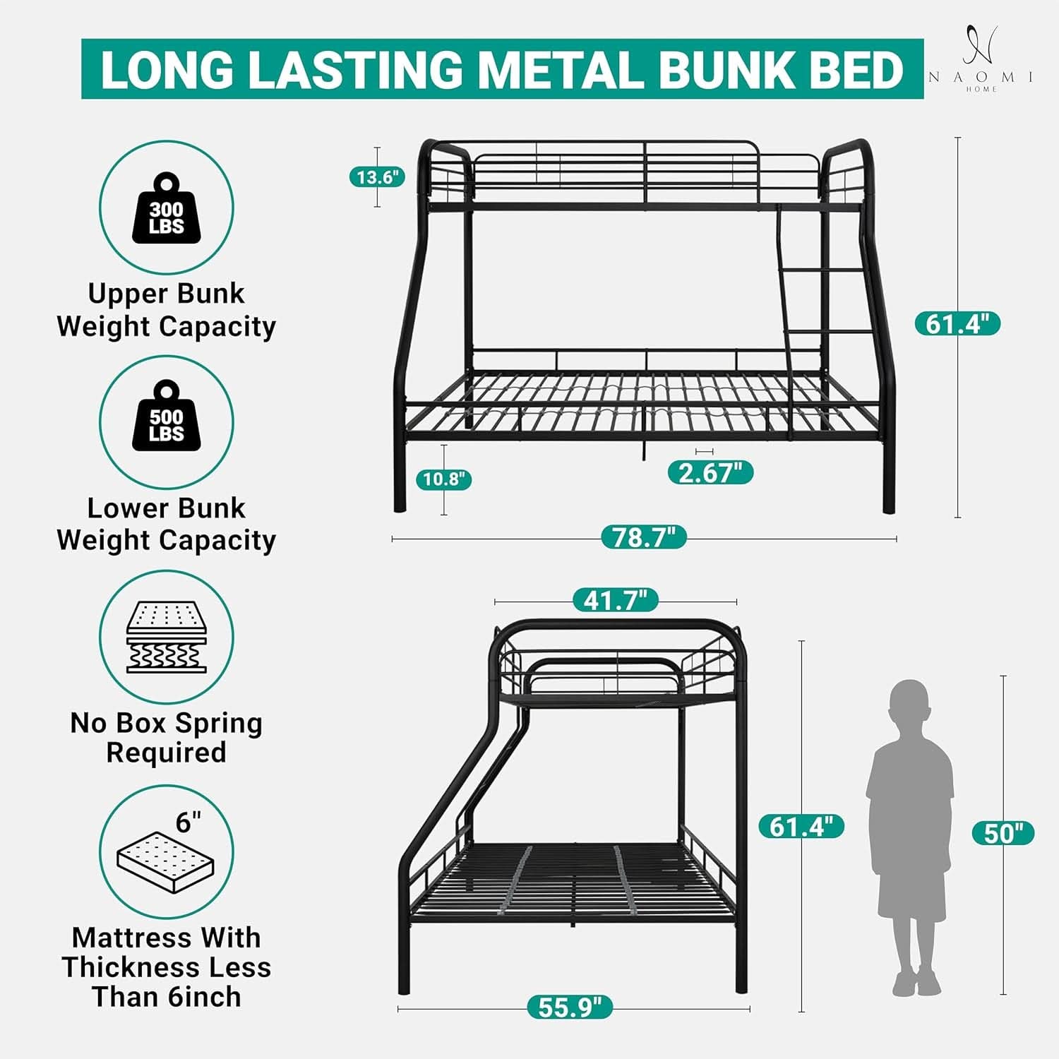 Hollywood Twin Over Full Metal Bunk Bed With Guardrails