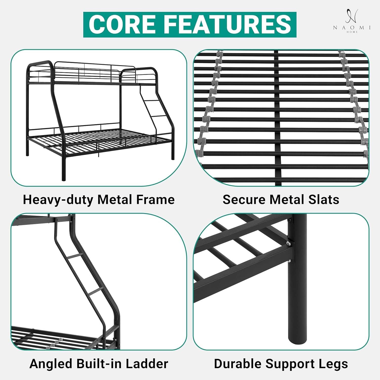 Hollywood Twin Over Full Metal Bunk Bed With Guardrails