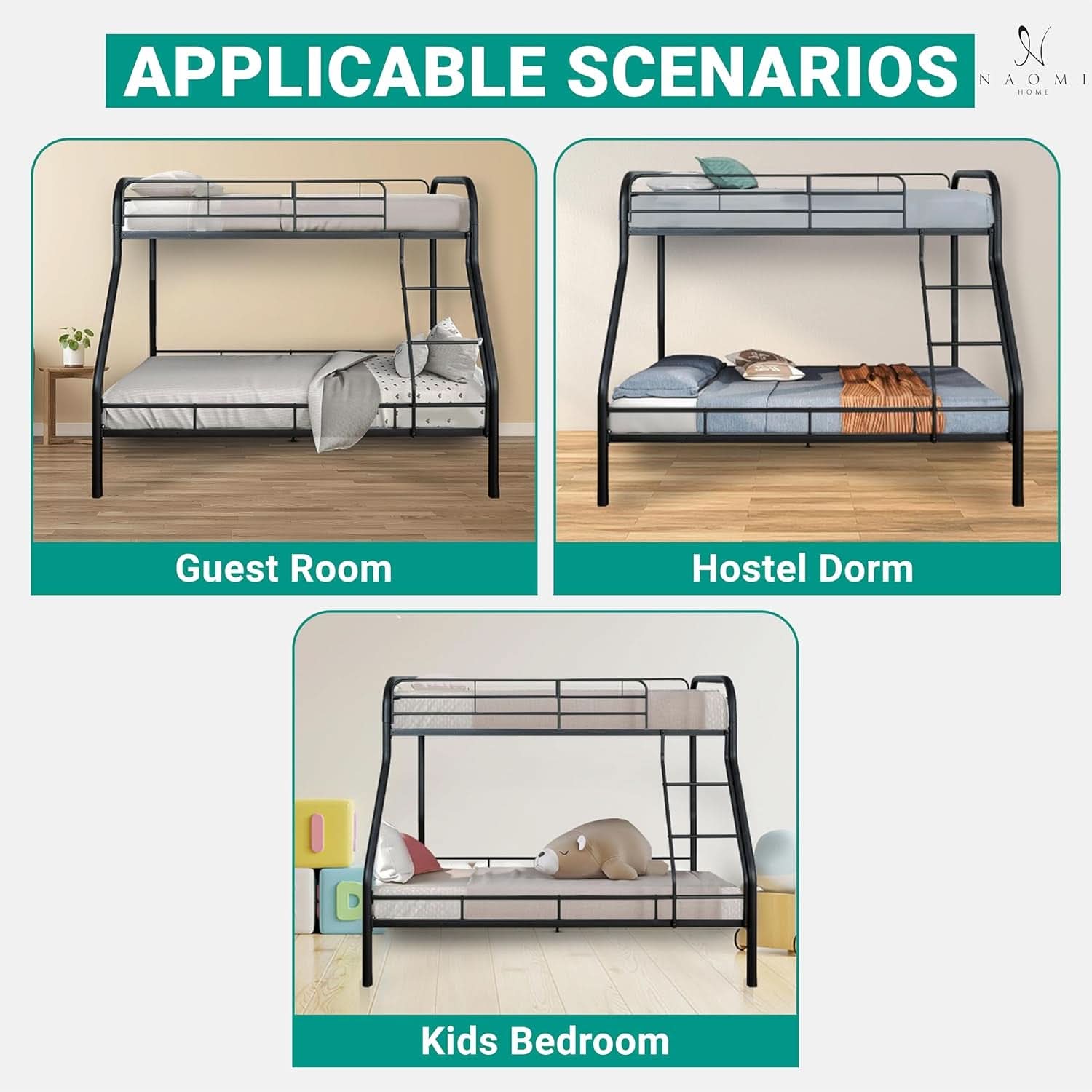 Hollywood Twin Over Full Metal Bunk Bed With Guardrails