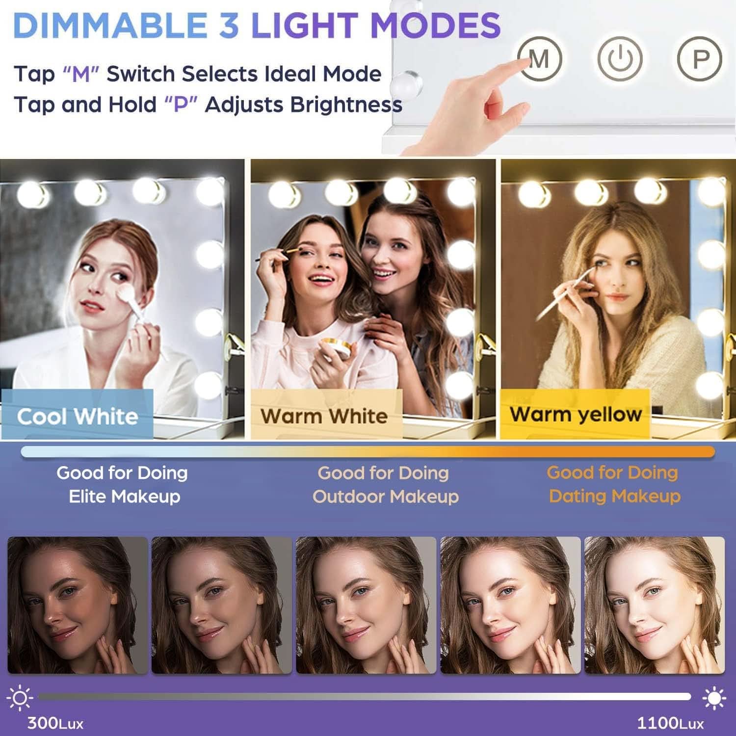 Hollywood Vanity Mirror With 12 LED Lights 3 Color Modes