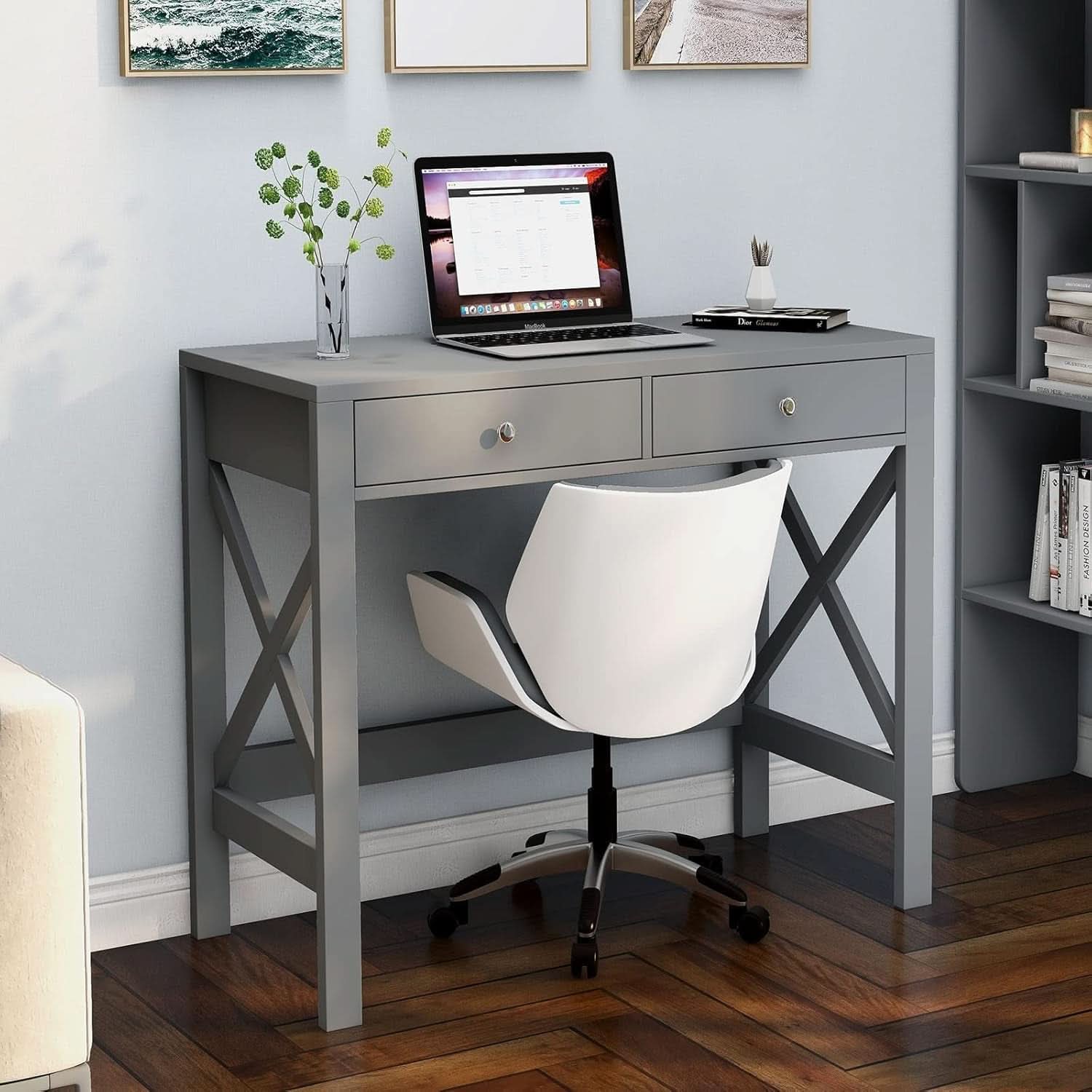 Home Office Desk Grey With Two Drawers Computer Table
