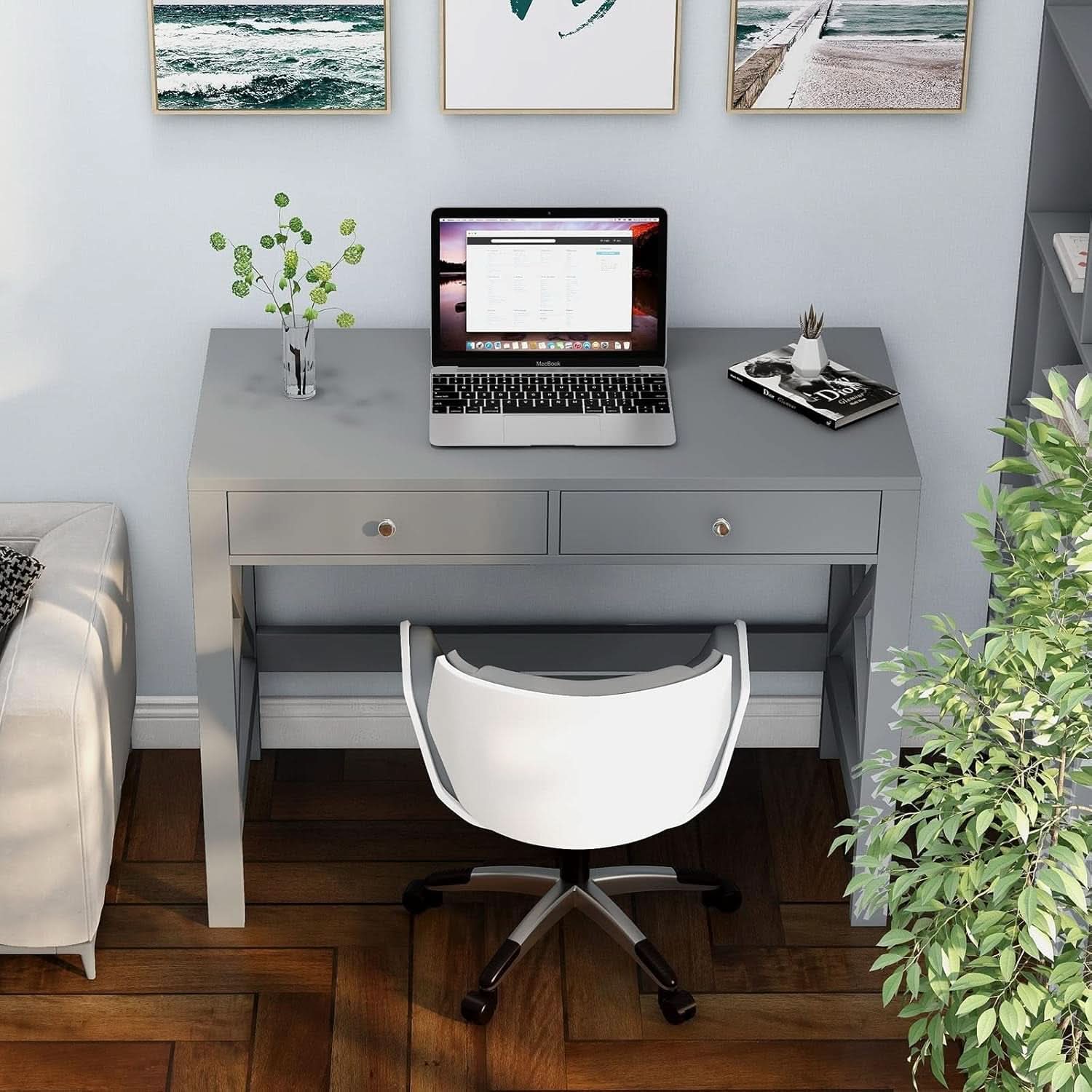 Home Office Desk Grey With Two Drawers Computer Table