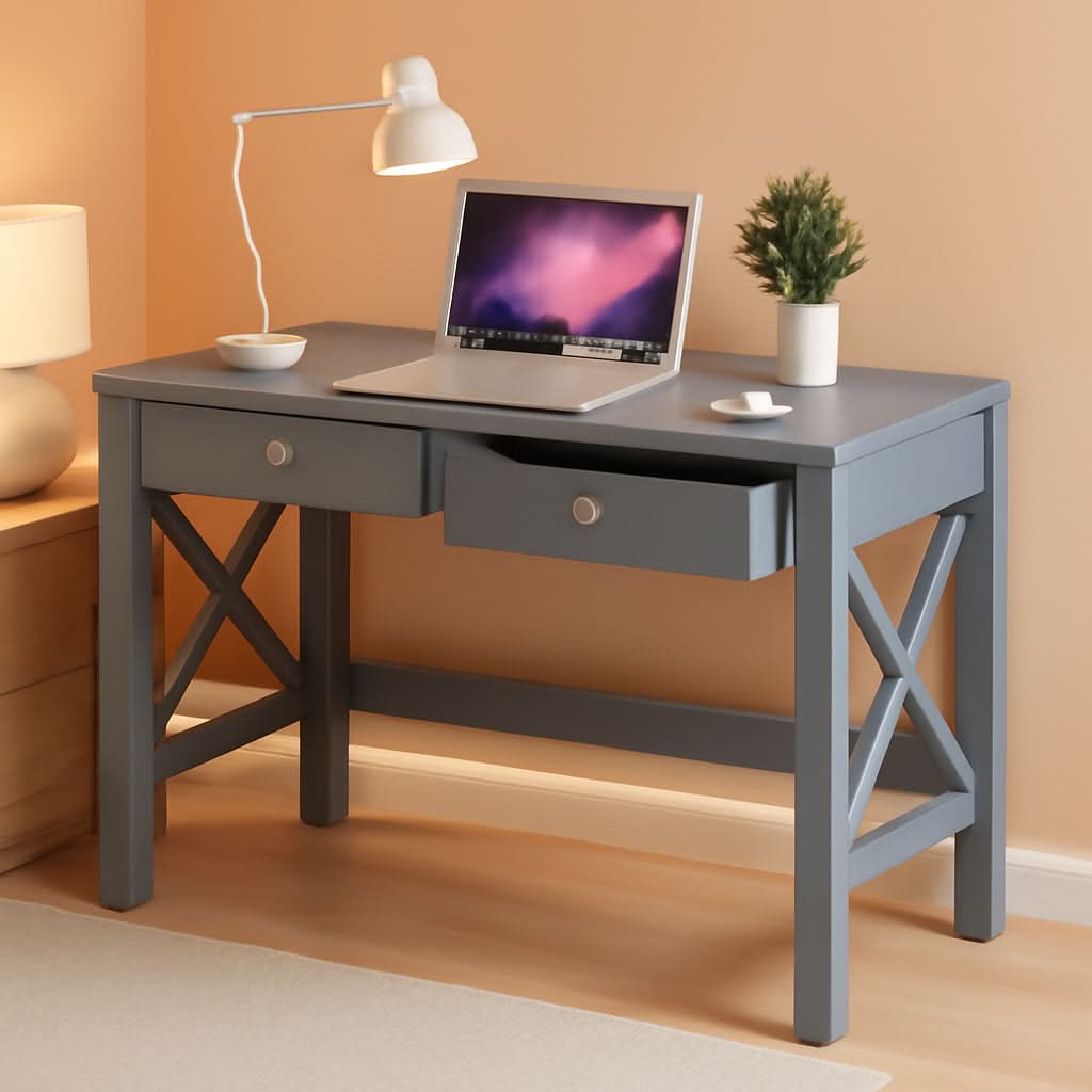 Home Office Desk Grey With Two Drawers Computer Table