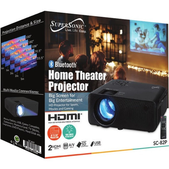 Home Theater Projector with Bluetooth - LED 7000 Lumens HD | Supersonic SC-82P