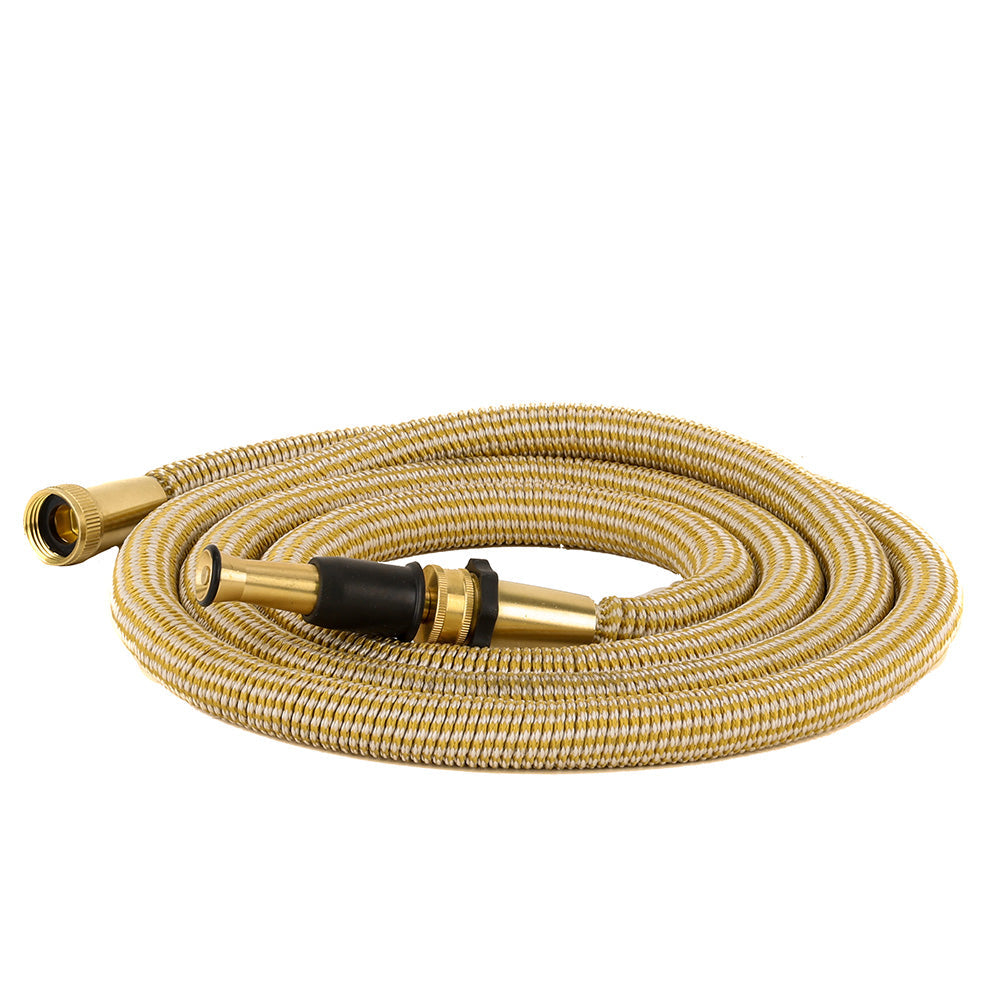 HoseCoil 25&#39; Expandable PRO w/Brass Twist Nozzle &amp; Nylon Mesh Bag - Gold/White
