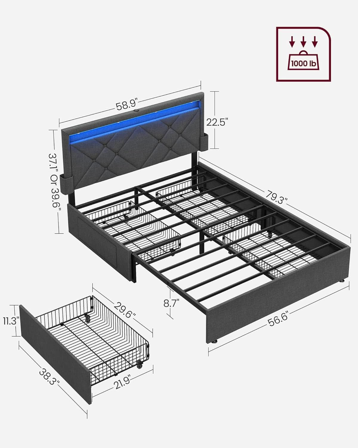 Illuminated Full Size Bed Frame With USB C Ports Headboard